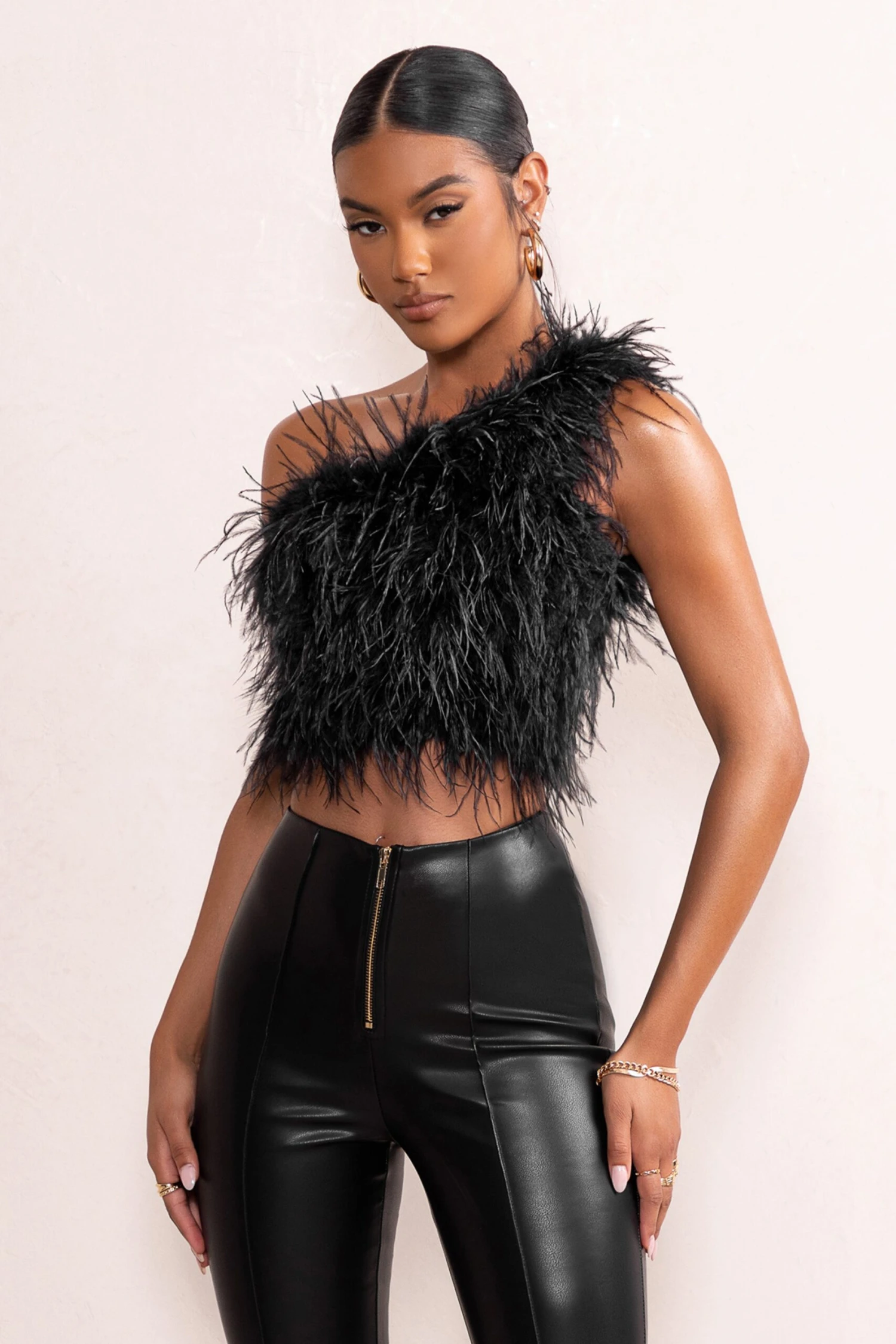 Ivey | Black One Shoulder Feather Crop Top