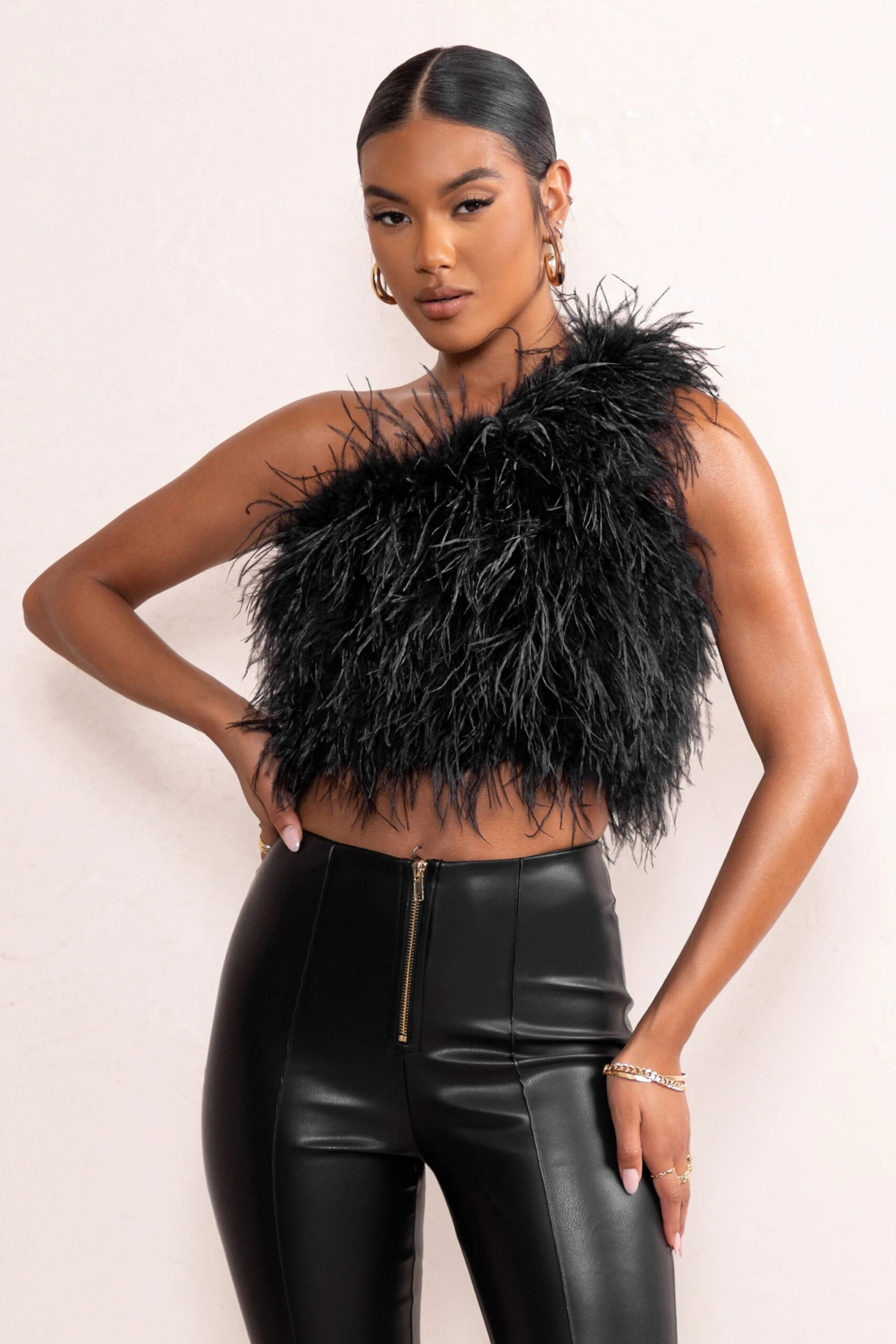 Ivey | Black One Shoulder Feather Crop Top - Image 4