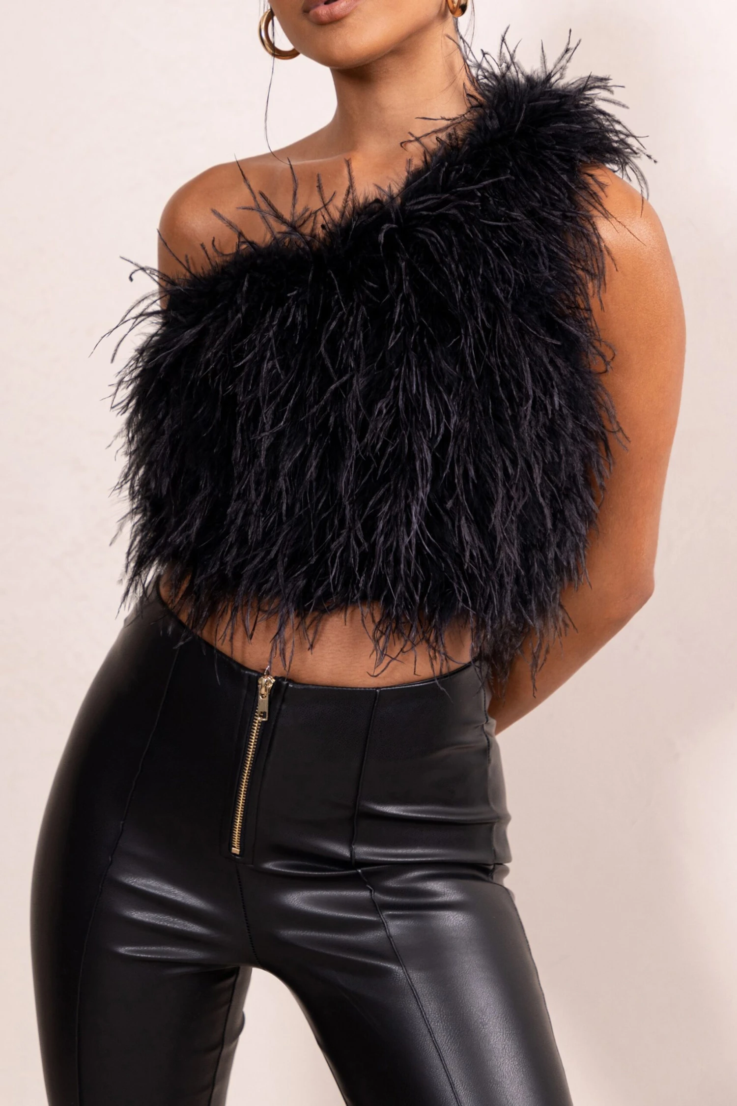 Ivey | Black One Shoulder Feather Crop Top - Image 3