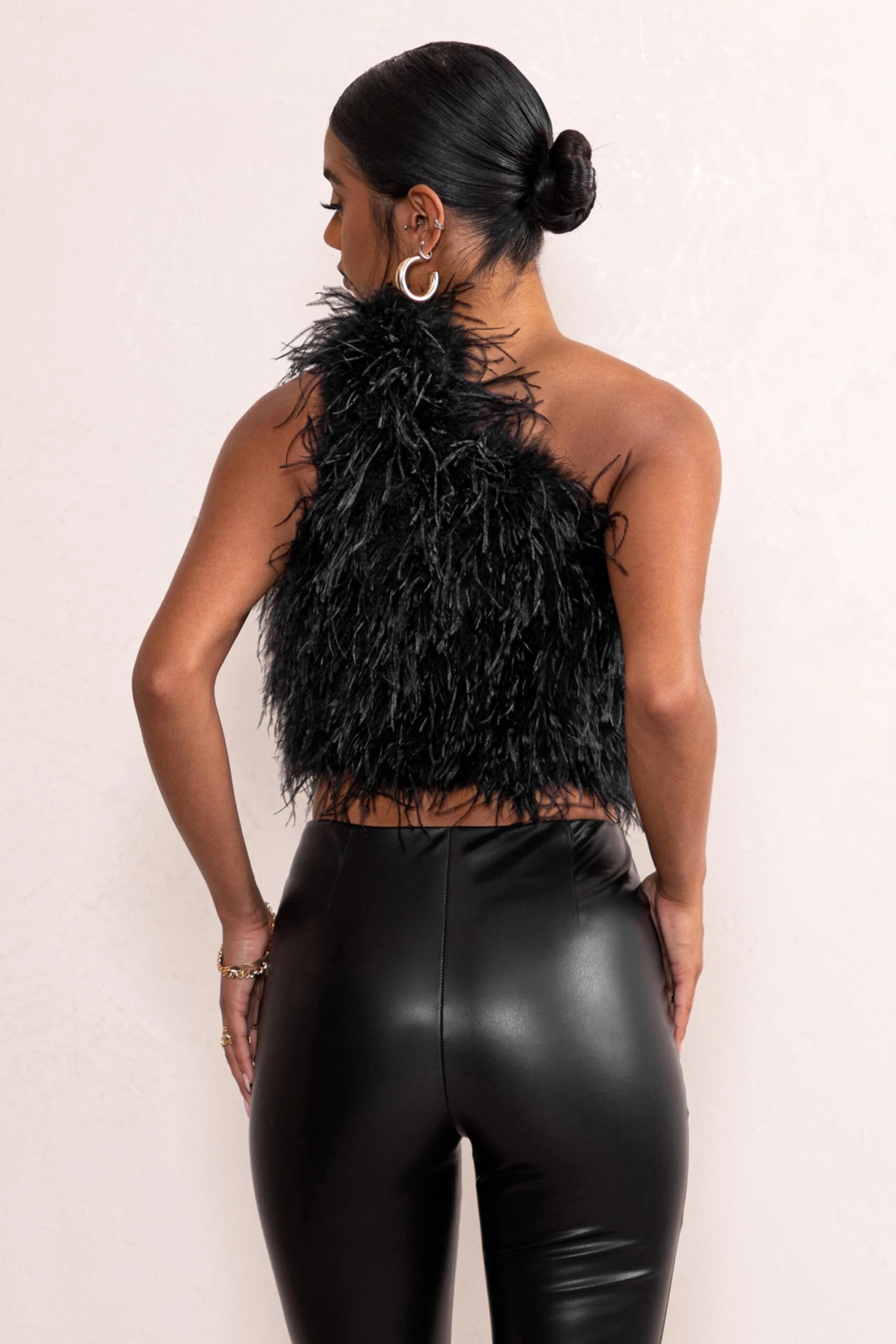 Ivey | Black One Shoulder Feather Crop Top - Image 2