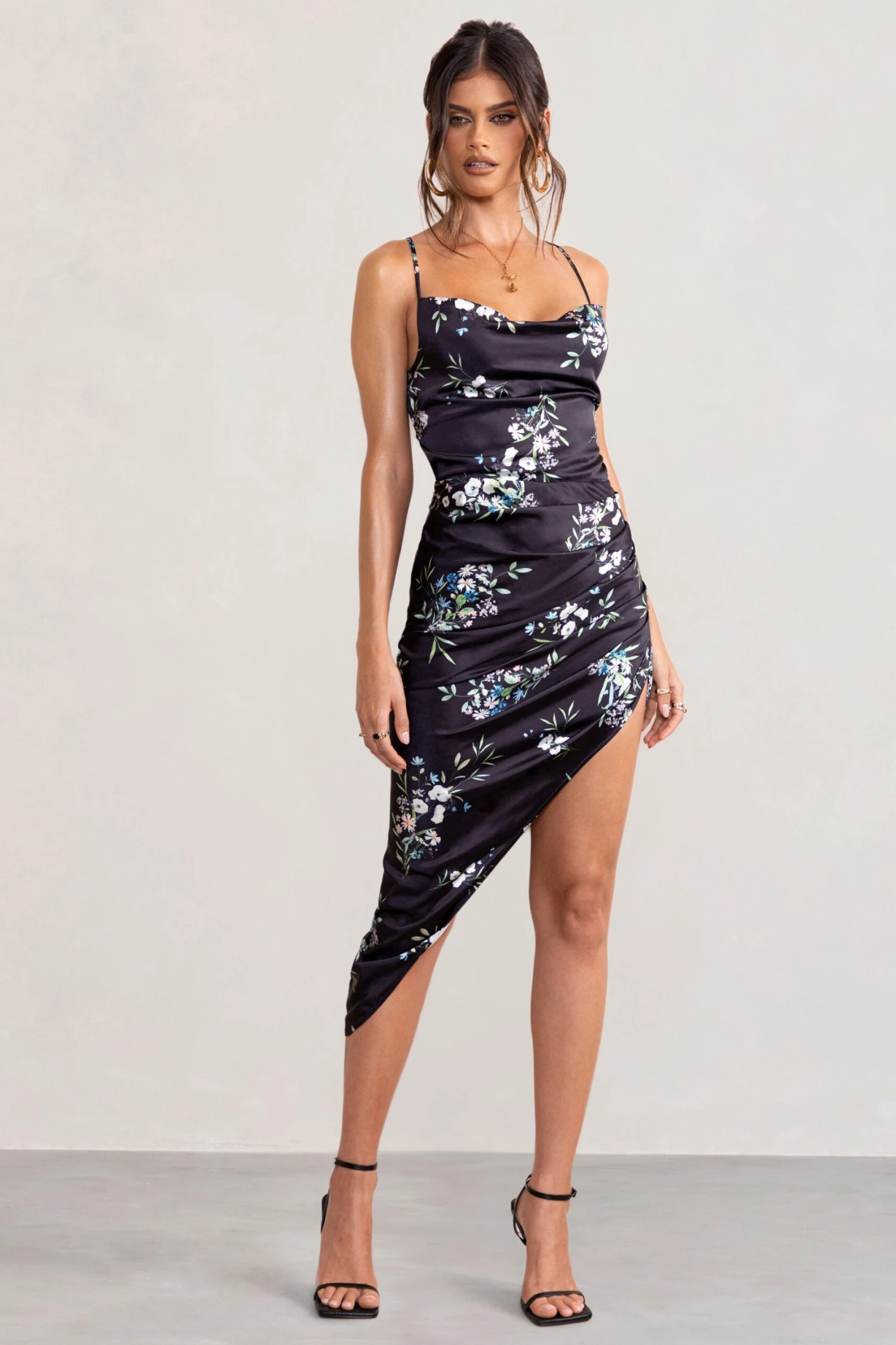 Risk It All | Black Floral Print Cowl Neck Satin Asymmetric Hem Midi Dress - Image 5