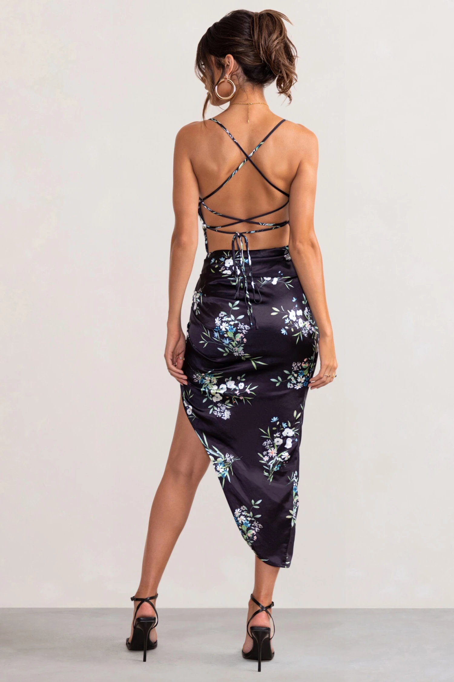 Risk It All | Black Floral Print Cowl Neck Satin Asymmetric Hem Midi Dress - Image 2