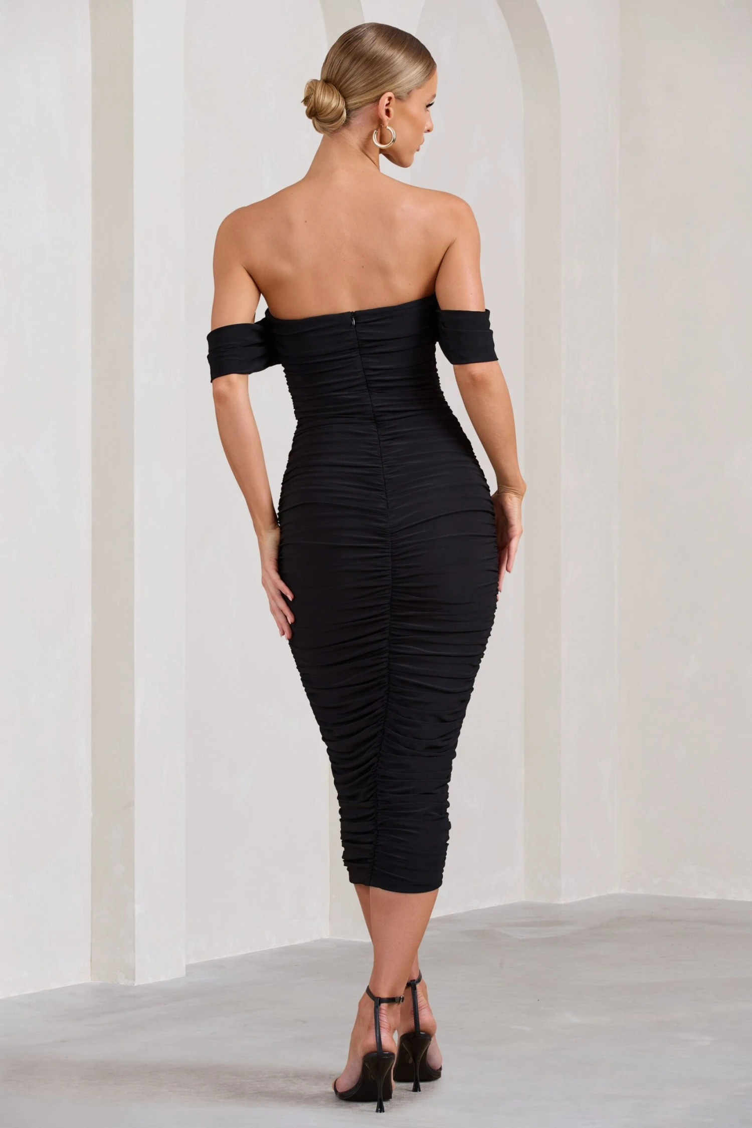 Lost For Words | Black Bardot Ruched Draped Midi Dress - Image 2