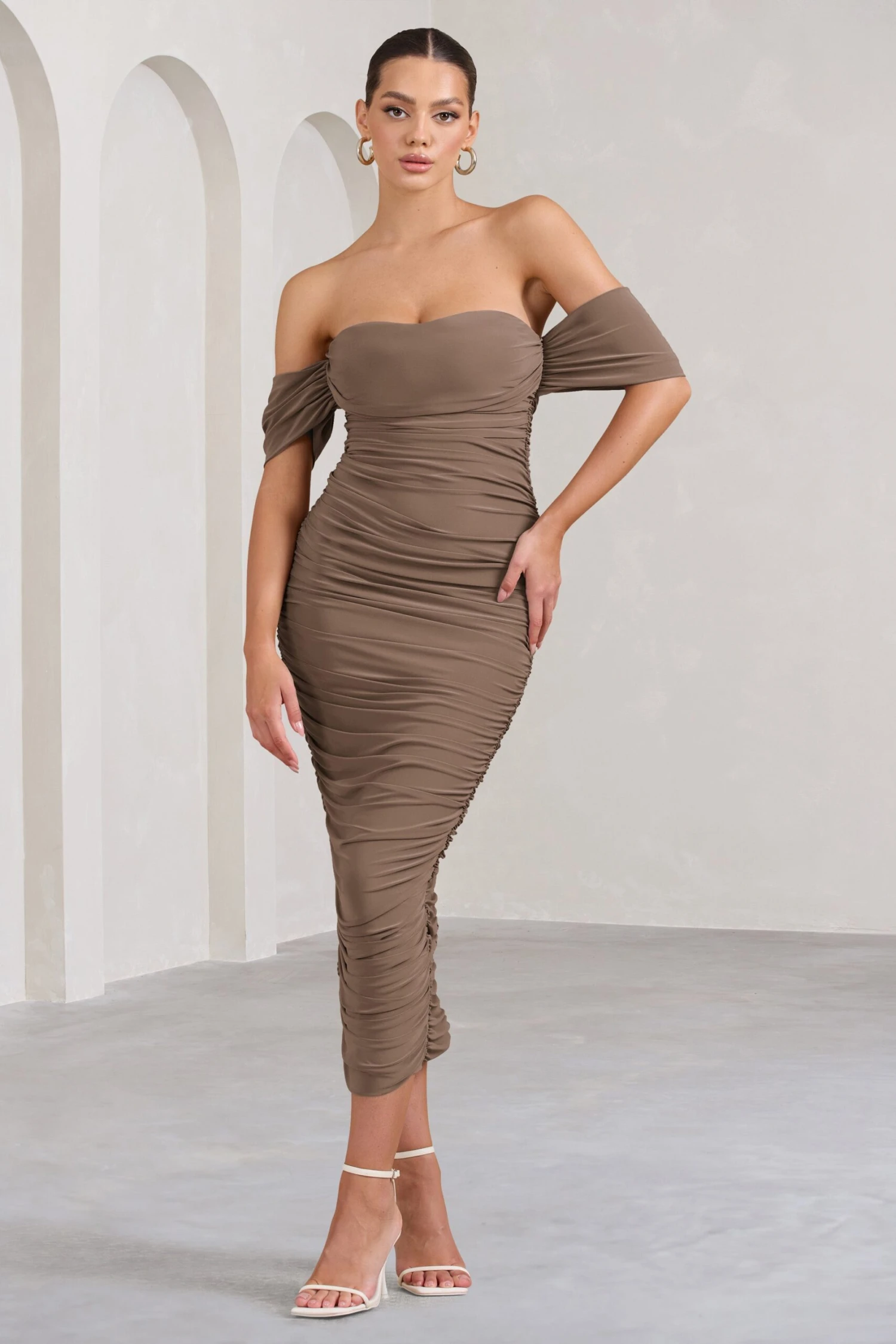 Lost For Words | Mocha Bardot Ruched Draped Midi Dress - Image 4