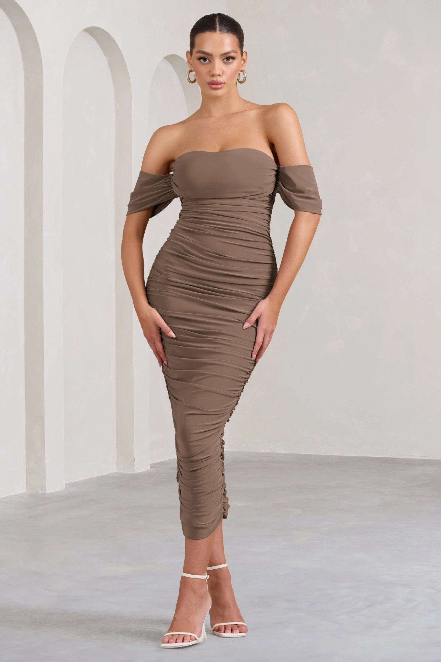 Lost For Words | Mocha Bardot Ruched Draped Midi Dress - Image 5