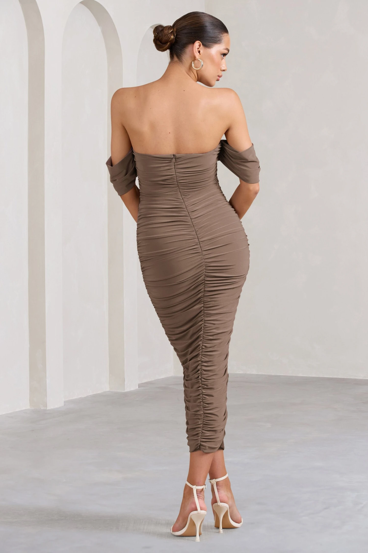 Lost For Words | Mocha Bardot Ruched Draped Midi Dress - Image 2