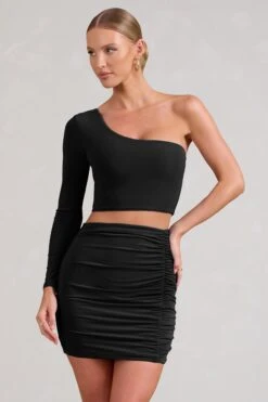Step Up | Black Long Sleeve One Shoulder Crop Top