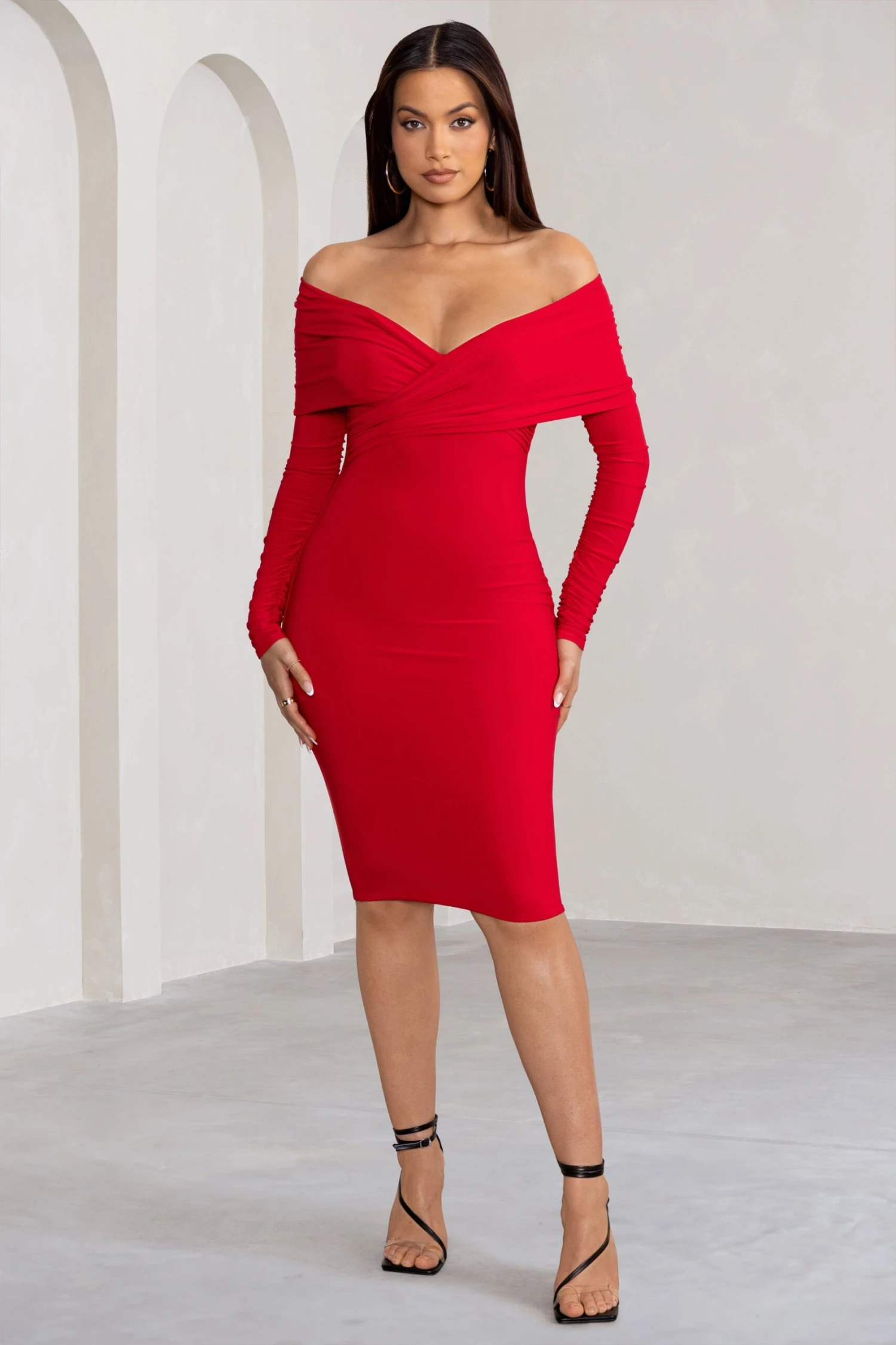 Flatter Me | Red Twist Front Bardot Midi Dress - Image 5