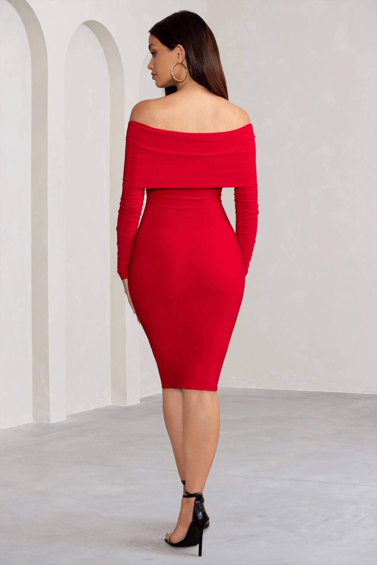 Flatter Me | Red Twist Front Bardot Midi Dress - Image 2