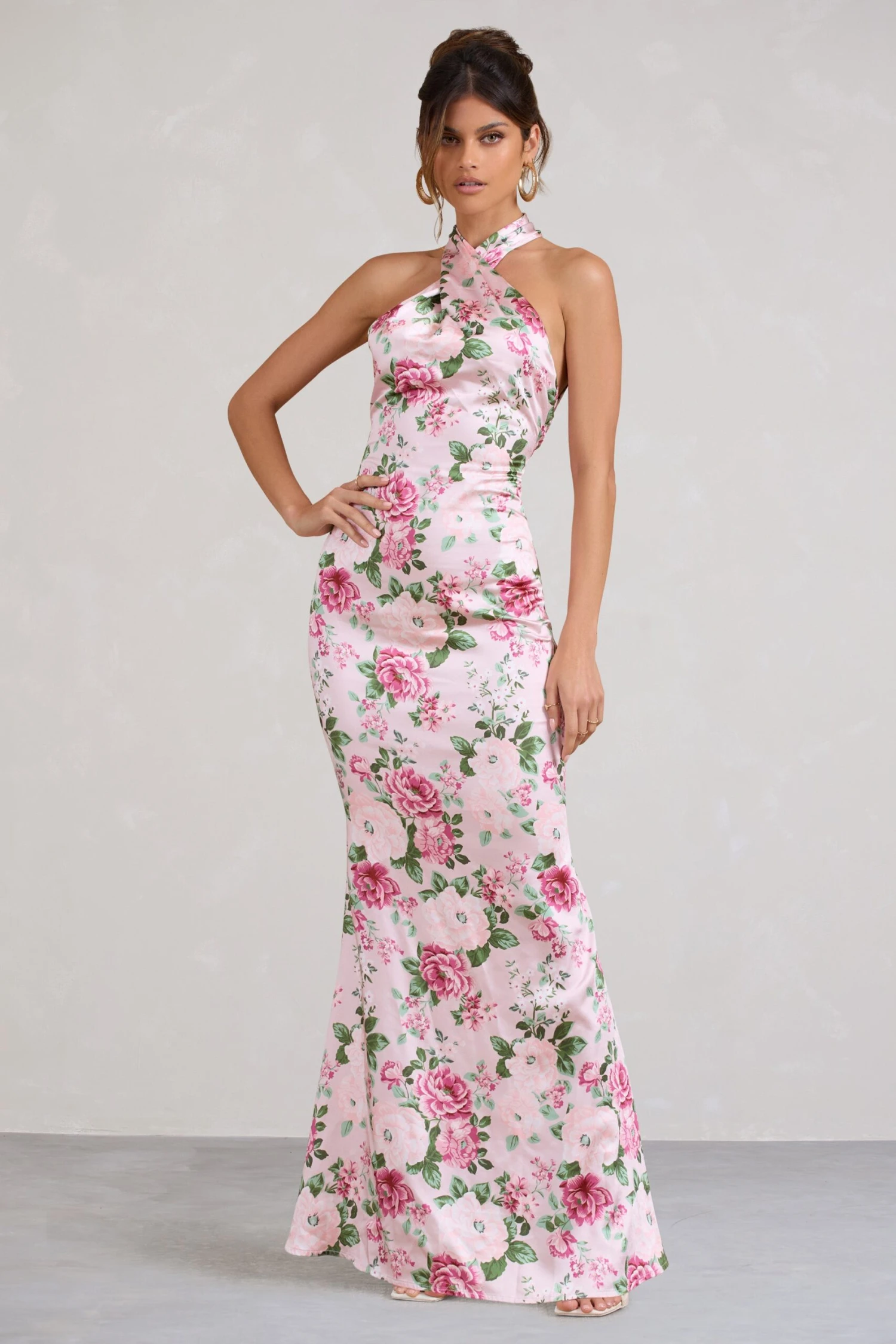 Unstoppable | Pink Floral Print Satin Cross Over Halter Neck Maxi Dress - Image 5