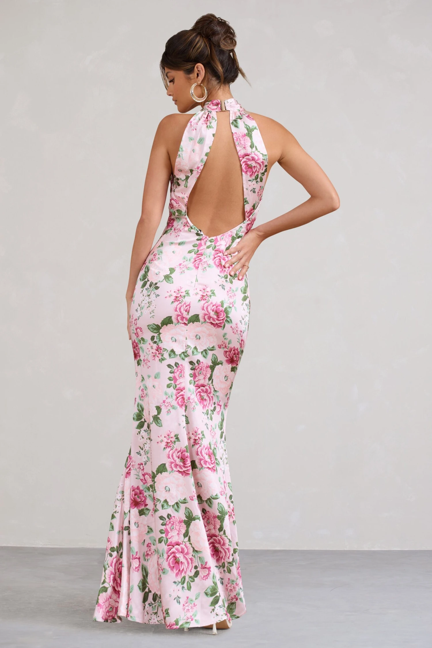 Unstoppable | Pink Floral Print Satin Cross Over Halter Neck Maxi Dress - Image 2