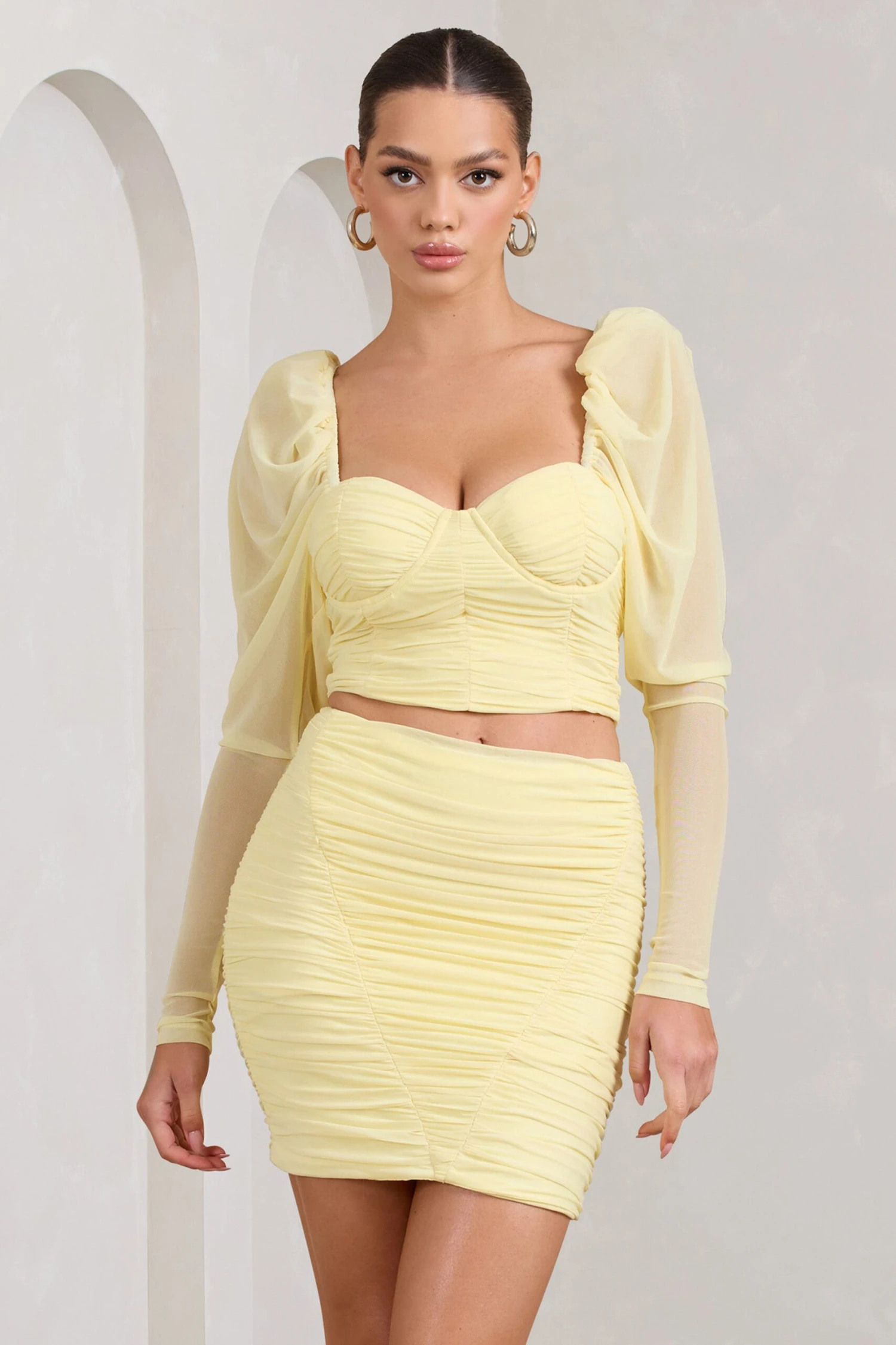 Butterfly | Yellow Puff Sleeve Ruched Crop Top - Image 4
