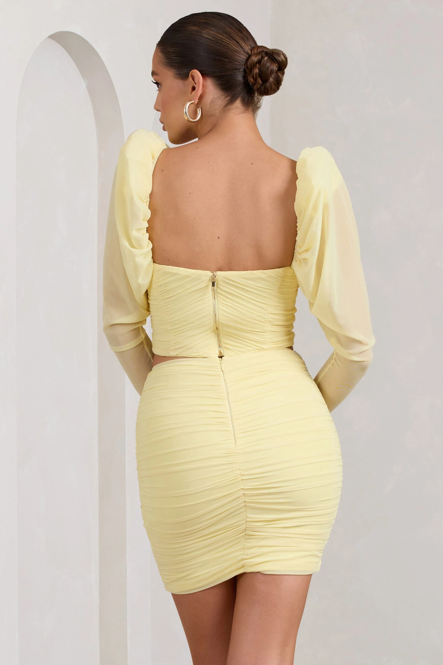Butterfly | Yellow Puff Sleeve Ruched Crop Top - Image 2