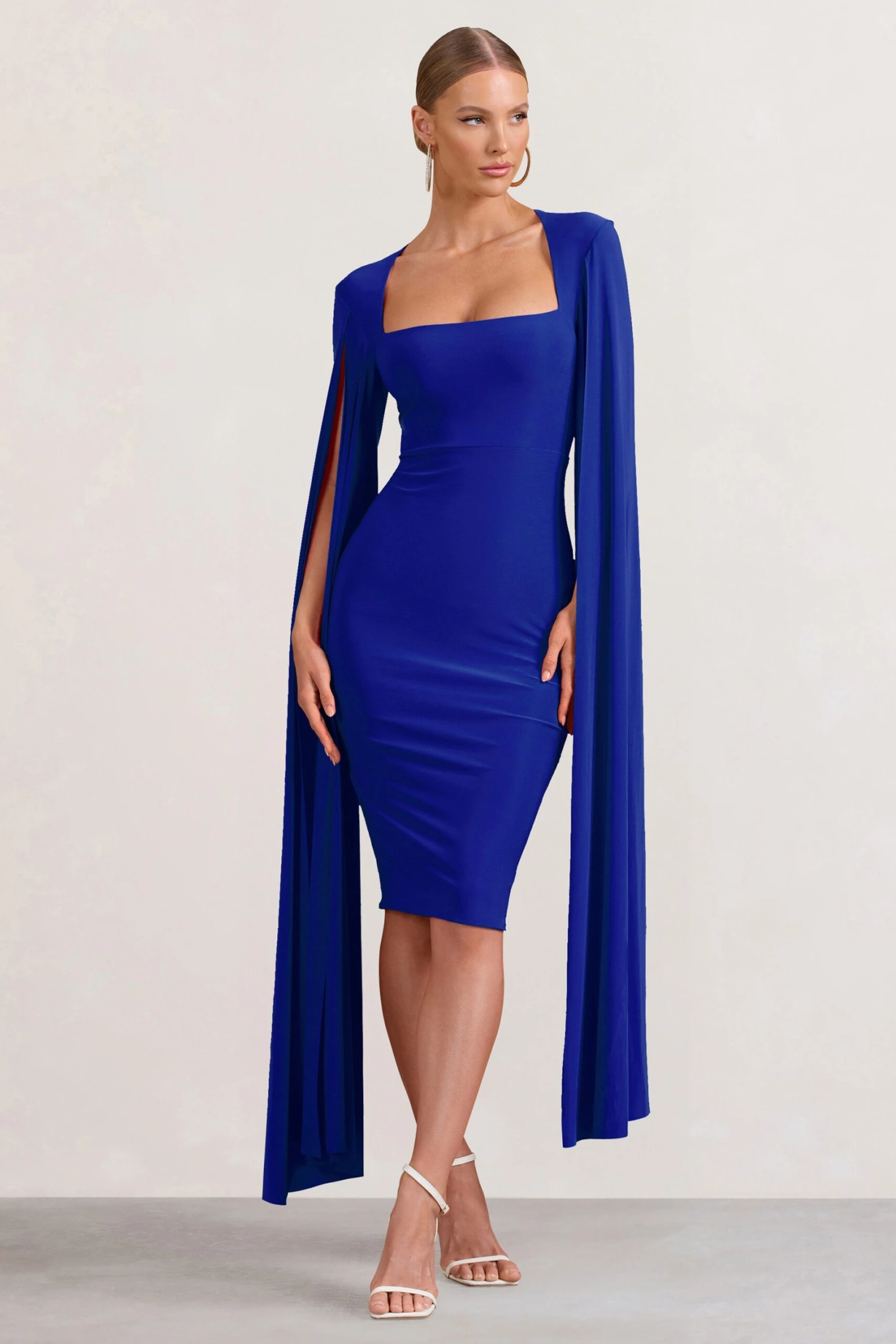 Flawless | Cobalt Blue Square Neck Midi Dress With Cape Sleeves - Image 5