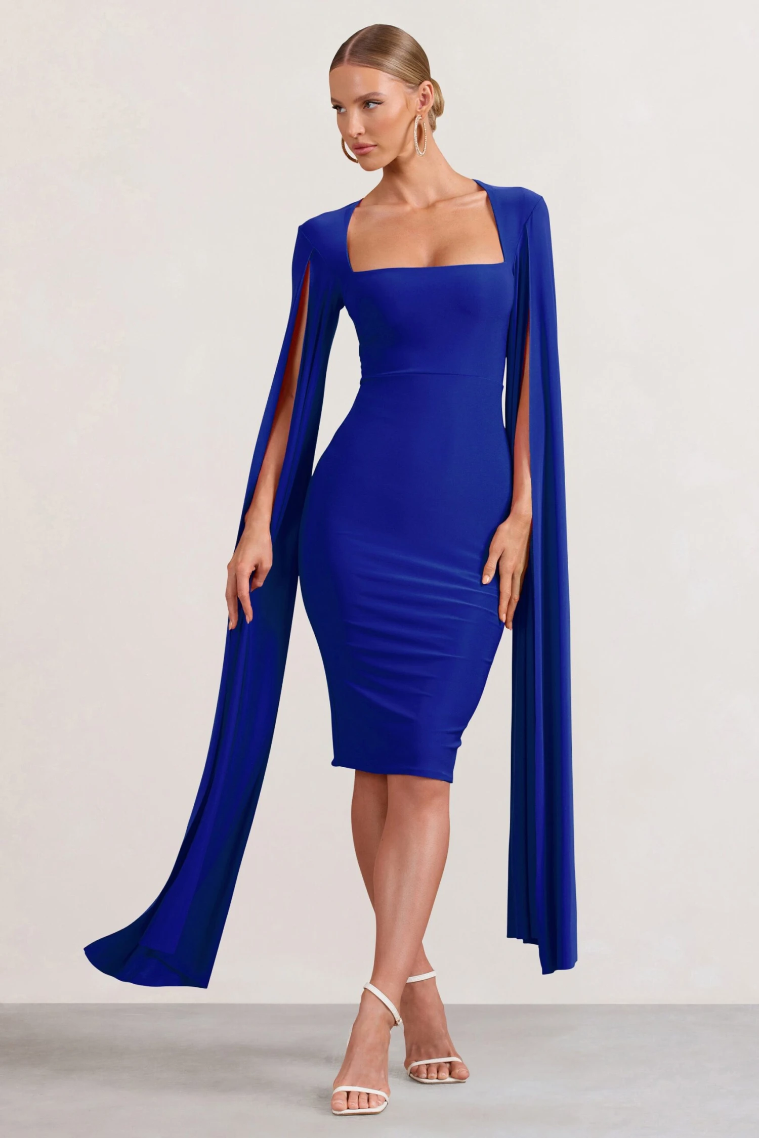 Flawless | Cobalt Blue Square Neck Midi Dress With Cape Sleeves - Image 4