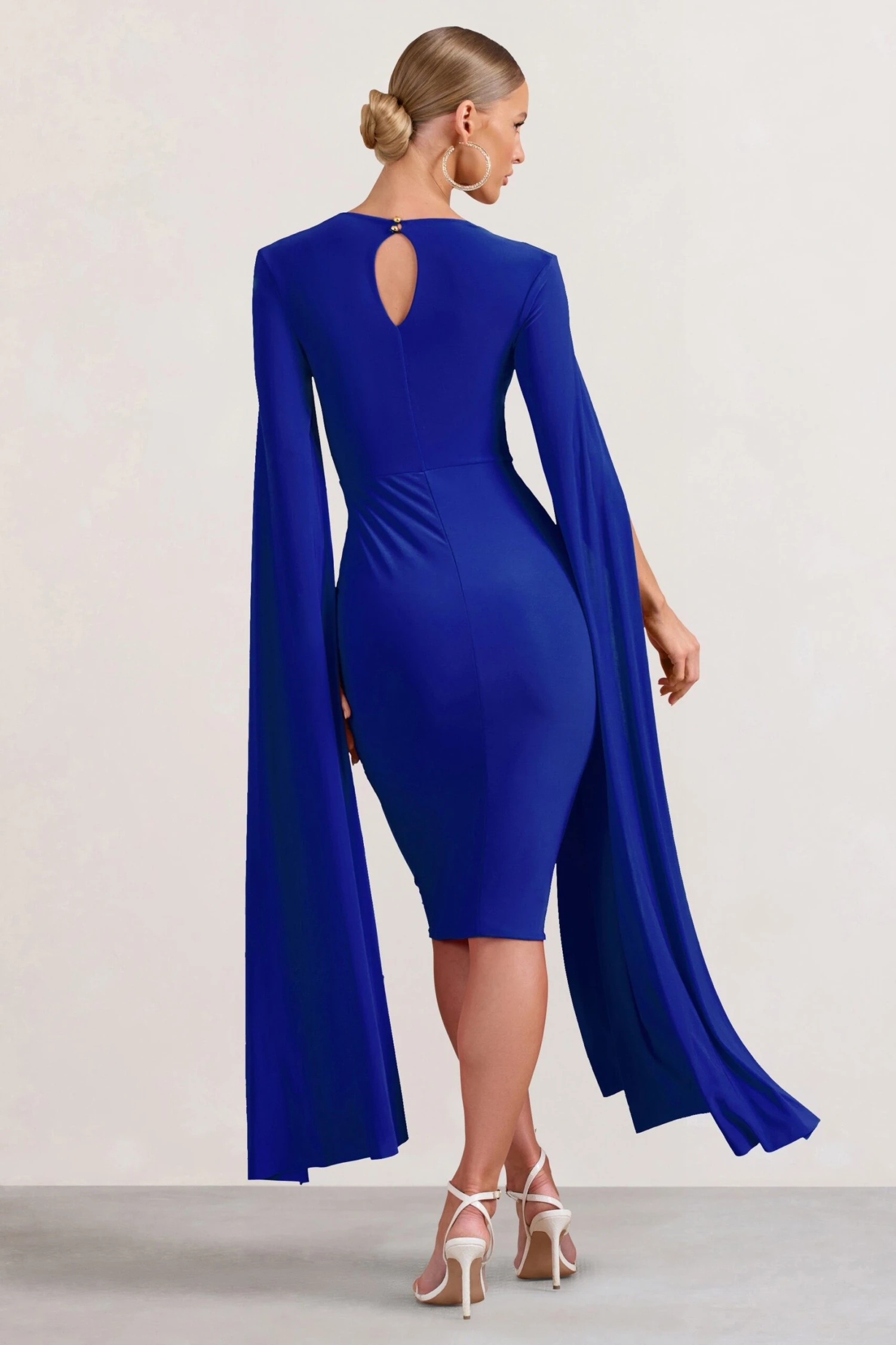 Flawless | Cobalt Blue Square Neck Midi Dress With Cape Sleeves - Image 2
