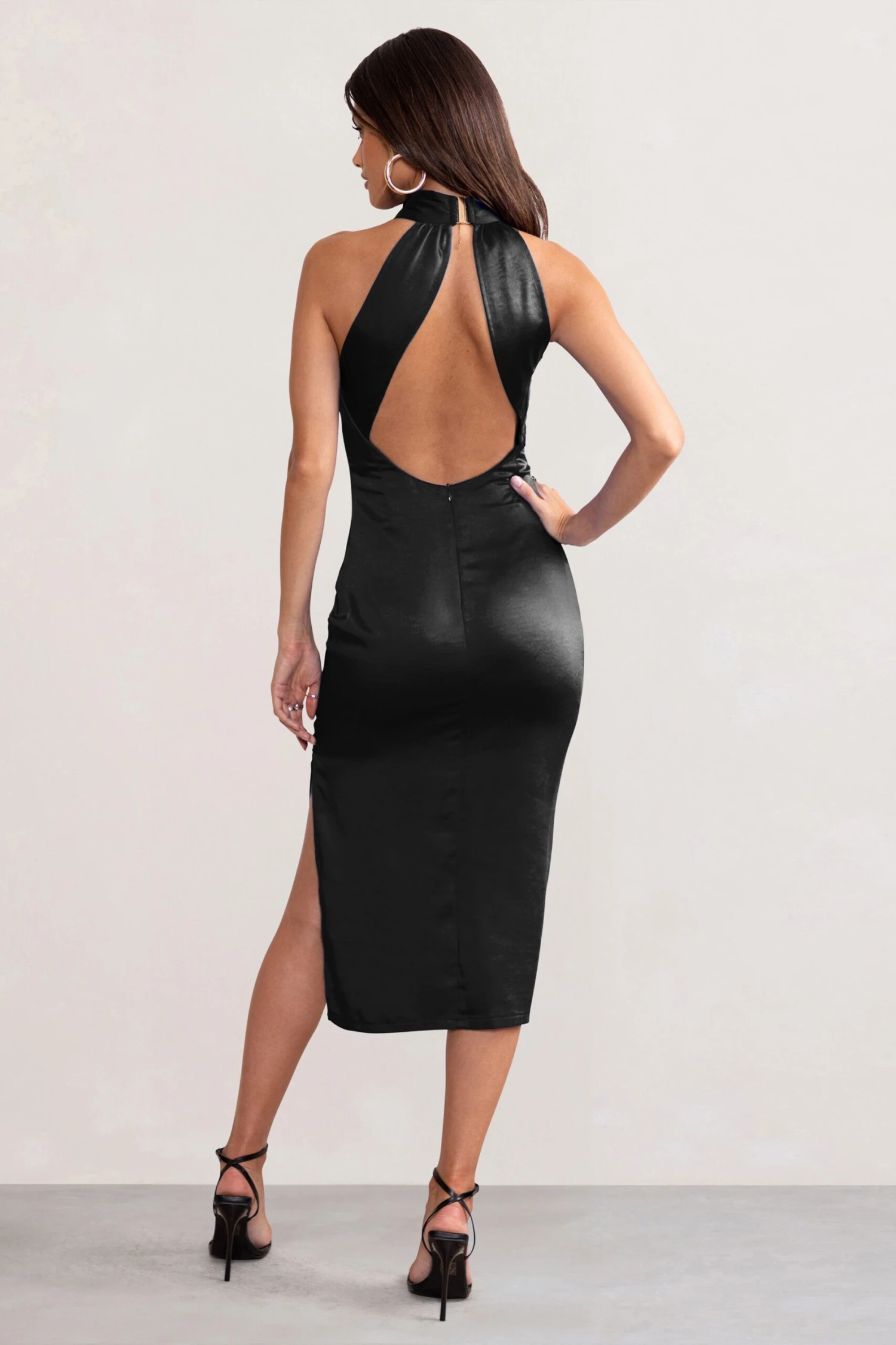 Dazzling | Black Satin Cross Over Halter Neck Midi Dress - Image 2