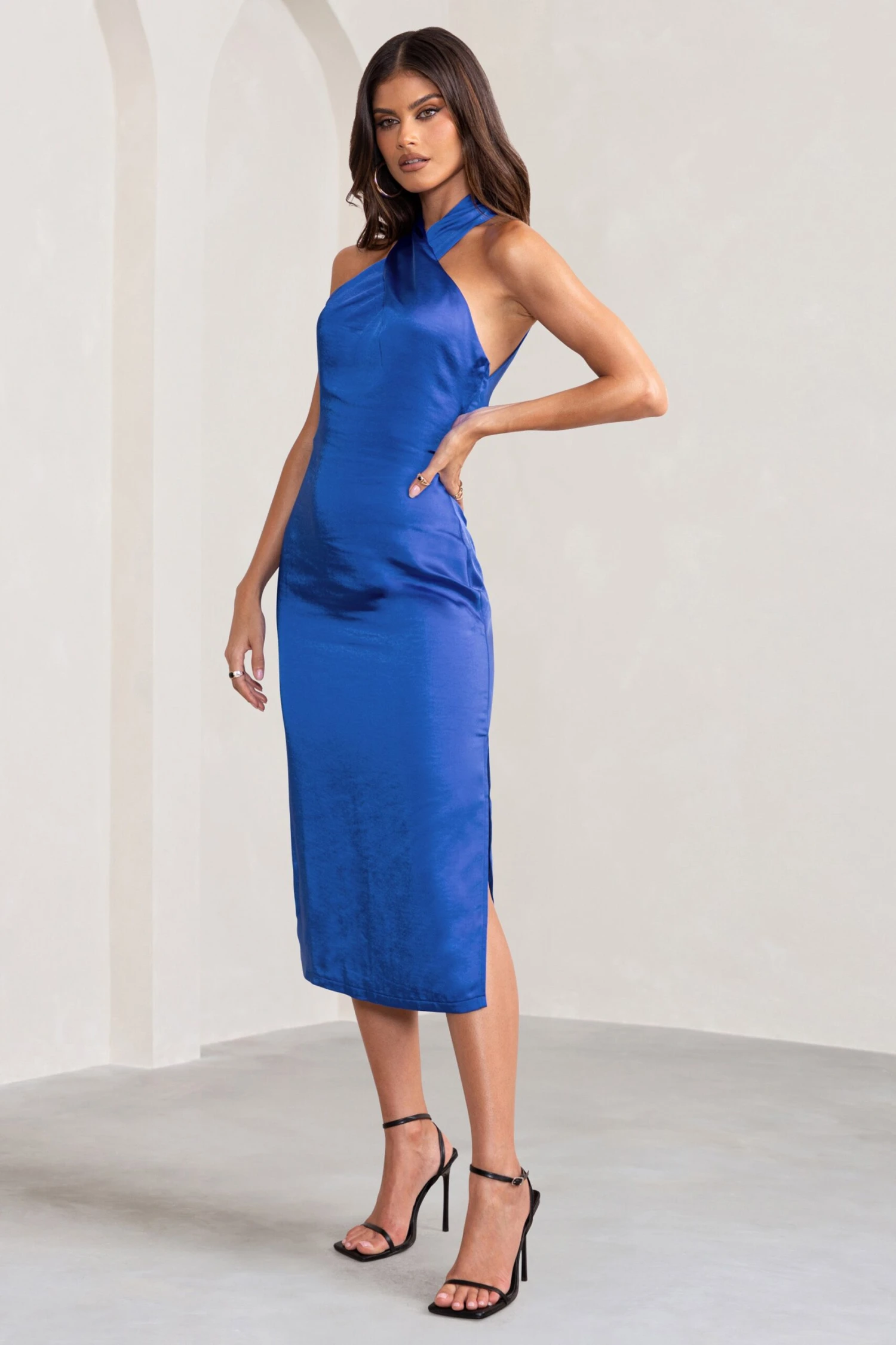 Dazzling | Cobalt Blue Satin Cross Over Halter Neck Midi Dress - Image 4