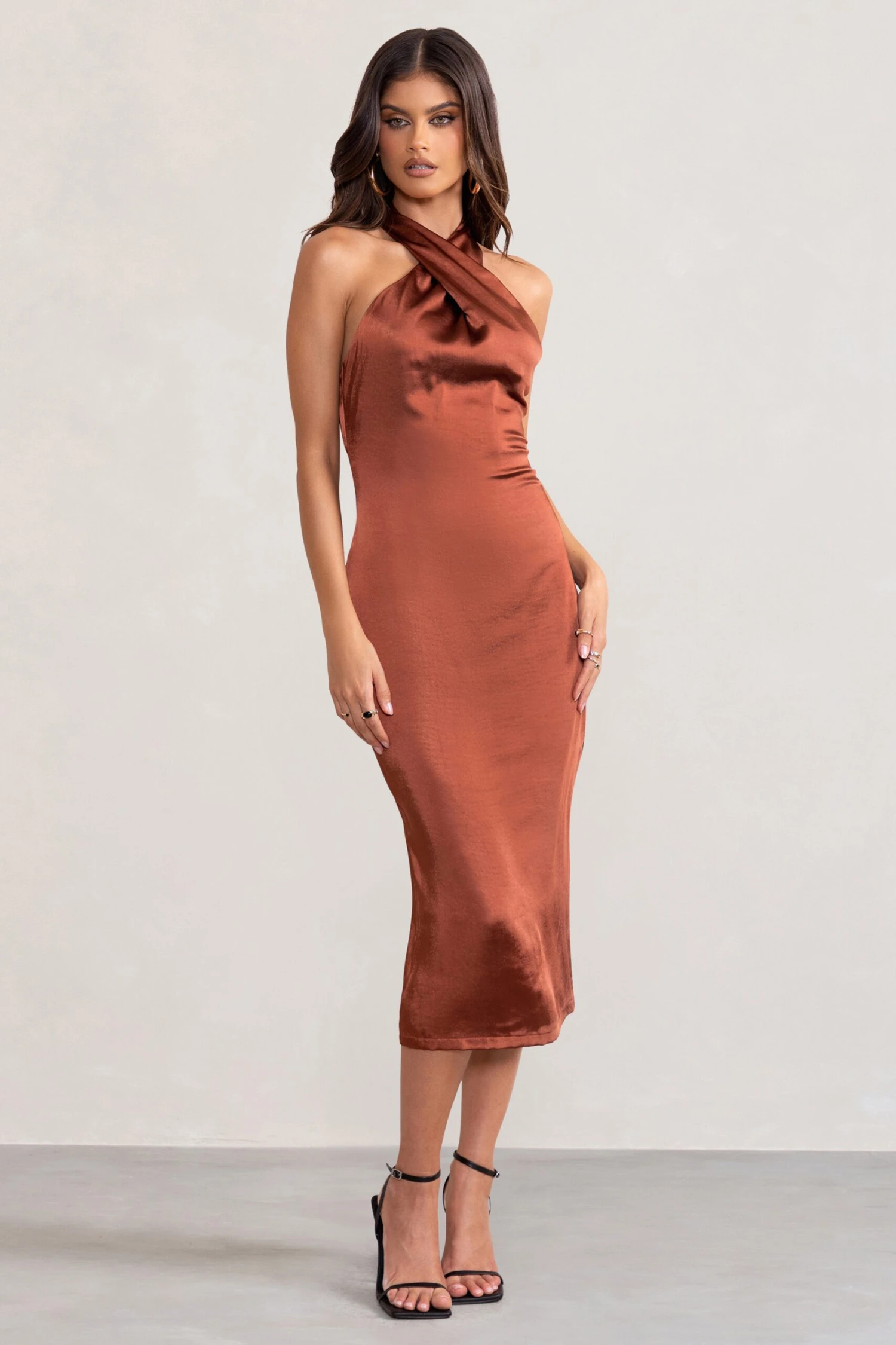 Dazzling | Rust Satin Cross Over Halter Neck Midi Dress - Image 4