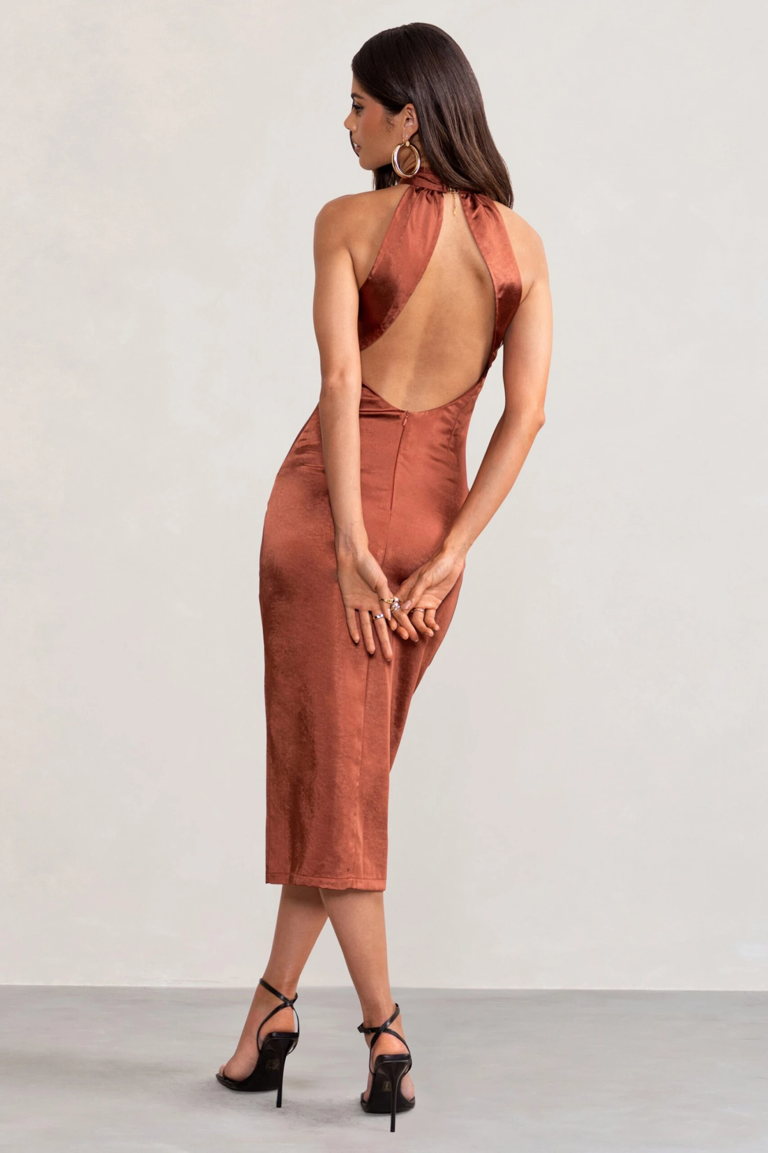 Dazzling | Rust Satin Cross Over Halter Neck Midi Dress - Image 2