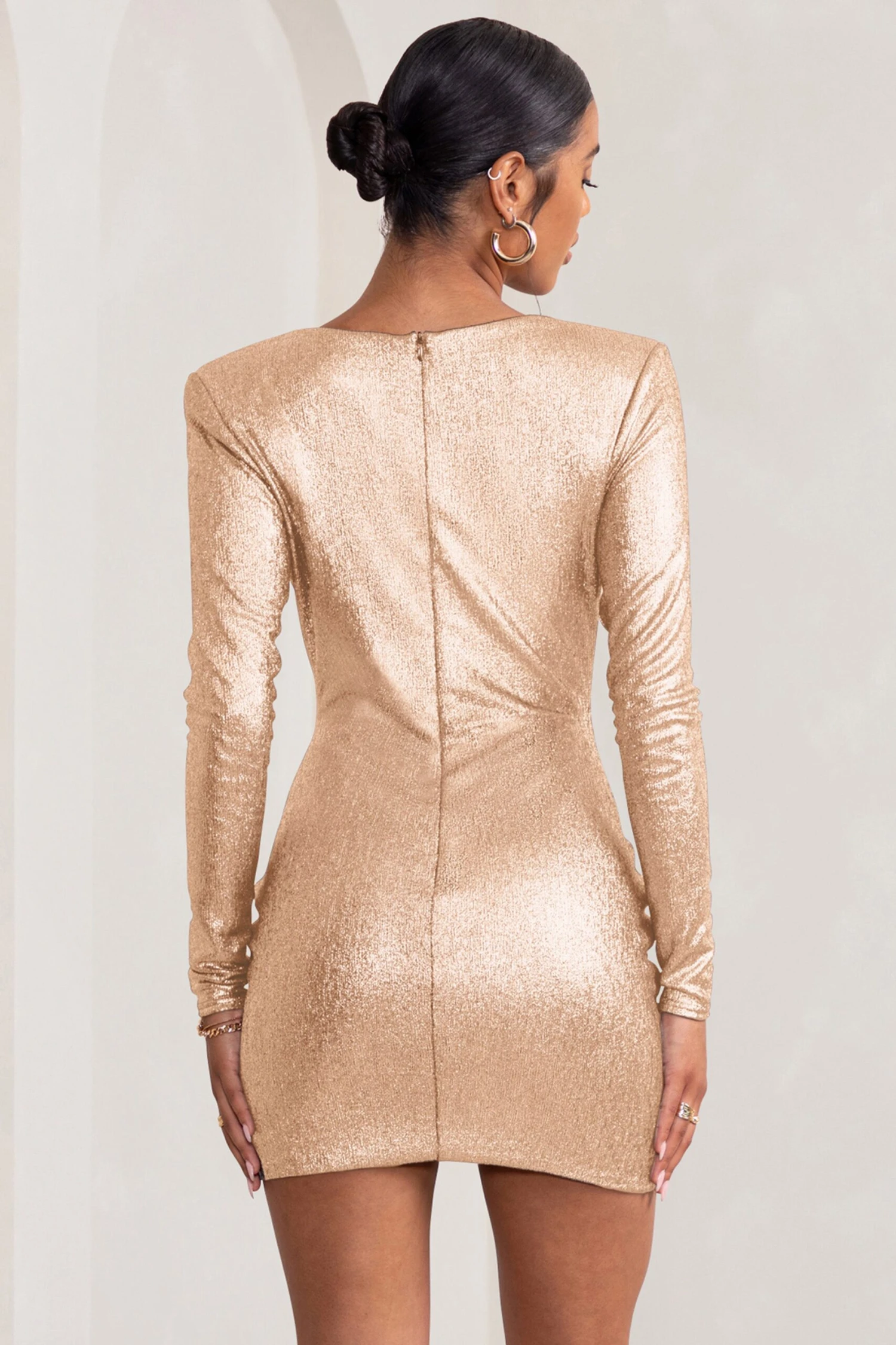 Zara | Gold Extreme Plunge Wrap Skirt Long Sleeve Mini Dress With Shoulder Pads - Image 2