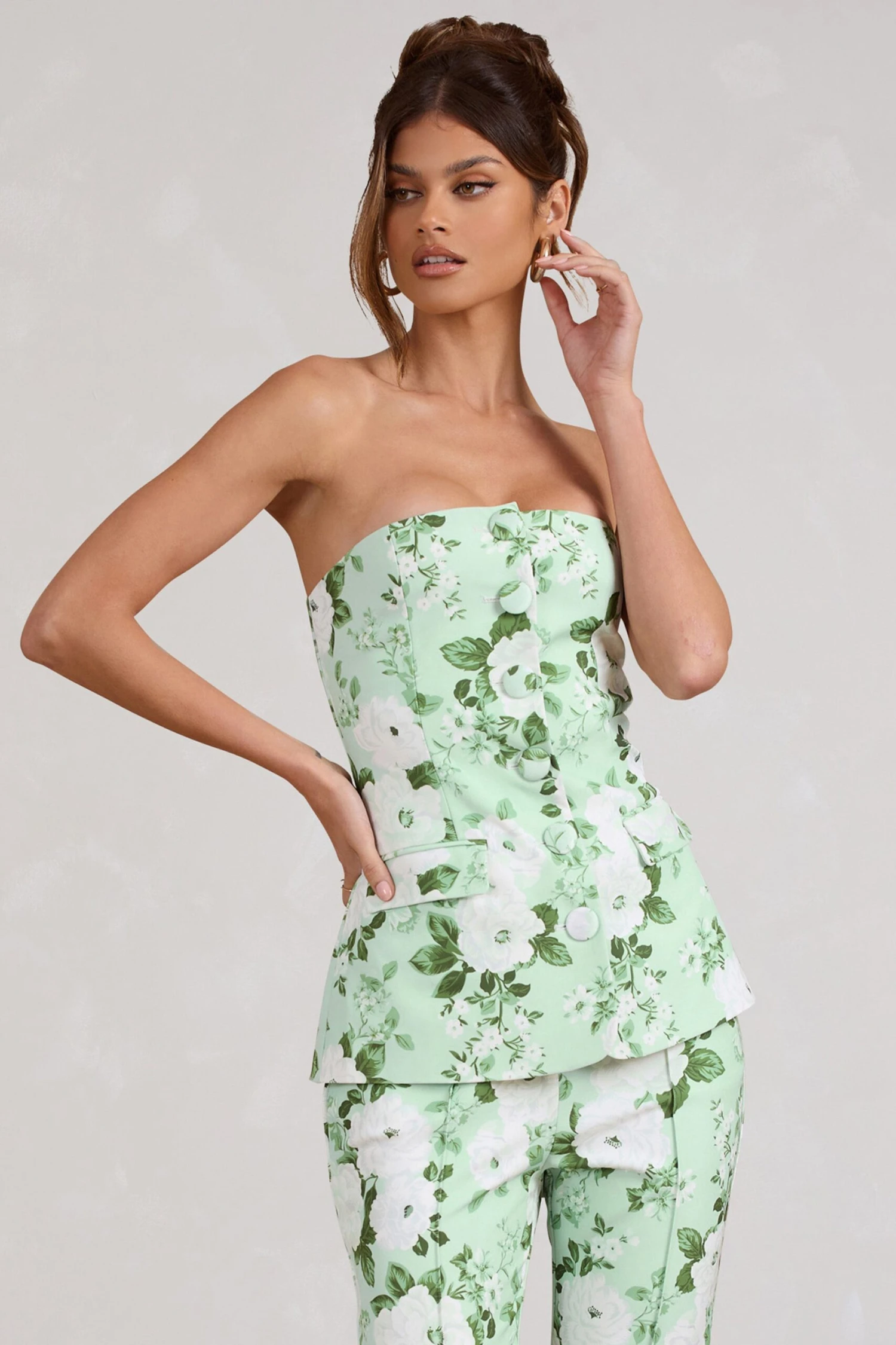 Elliana | White & Green Floral Print Strapless Bandeau Button Front Tailored Top - Image 5