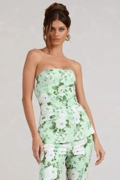Elliana | White & Green Floral Print Strapless Bandeau Button Front Tailored Top