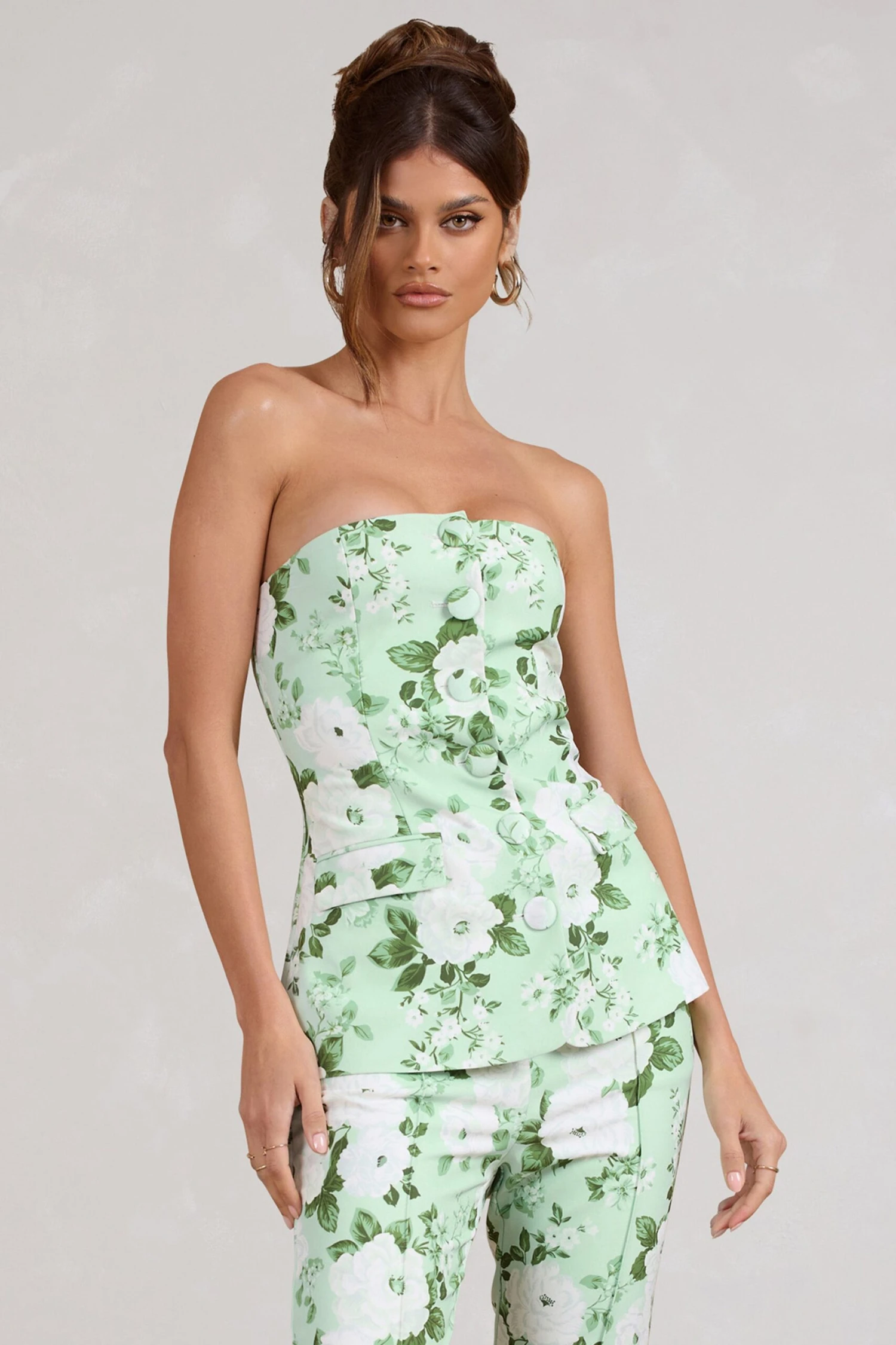 Elliana | White & Green Floral Print Strapless Bandeau Button Front Tailored Top