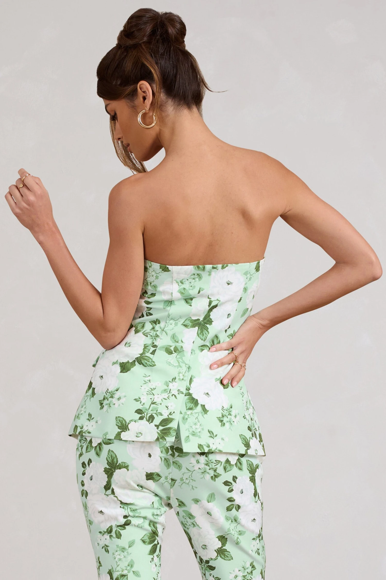 Elliana | White & Green Floral Print Strapless Bandeau Button Front Tailored Top - Image 2