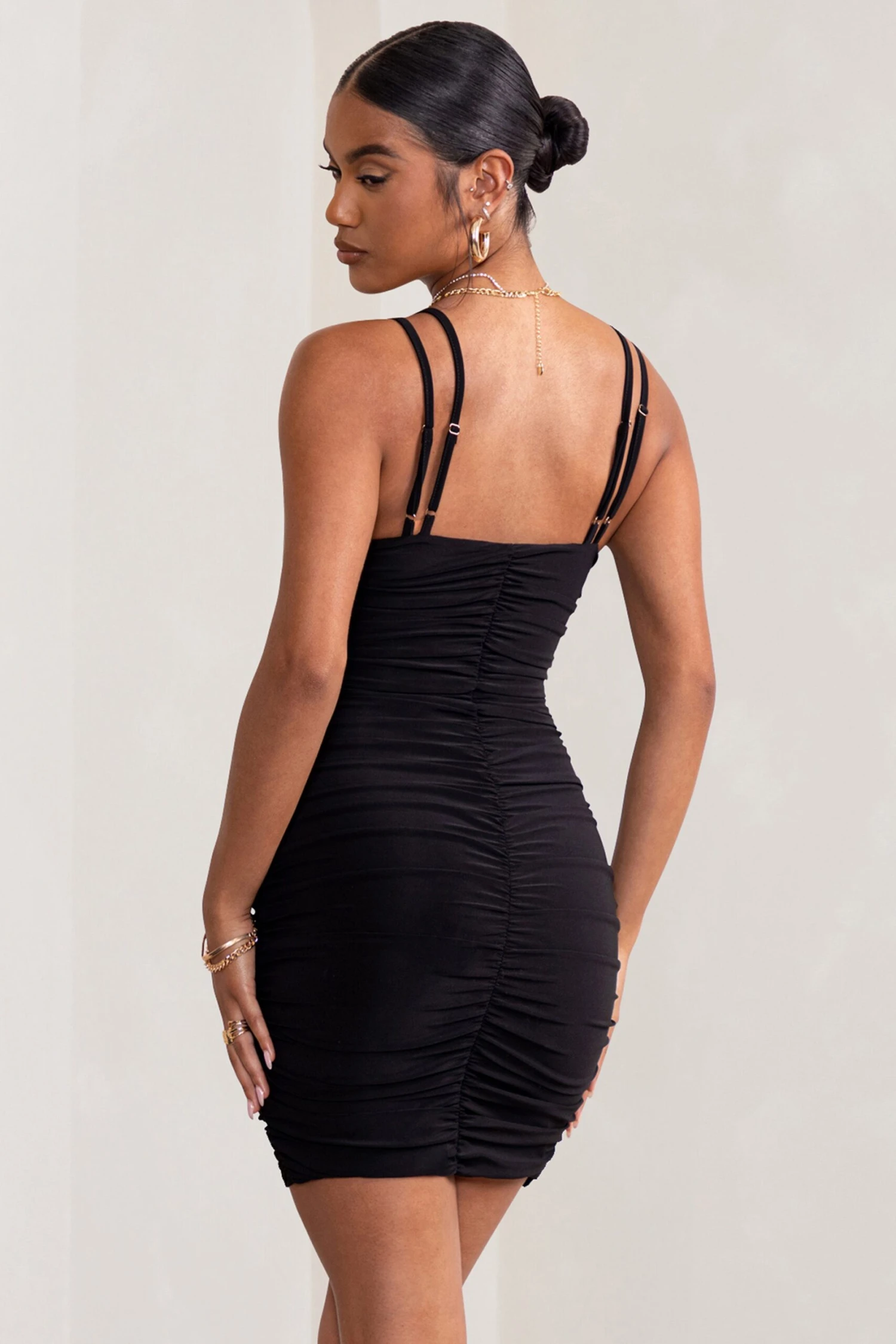 Bellamy | Black Ruched Double Strap Mini Dress - Image 2