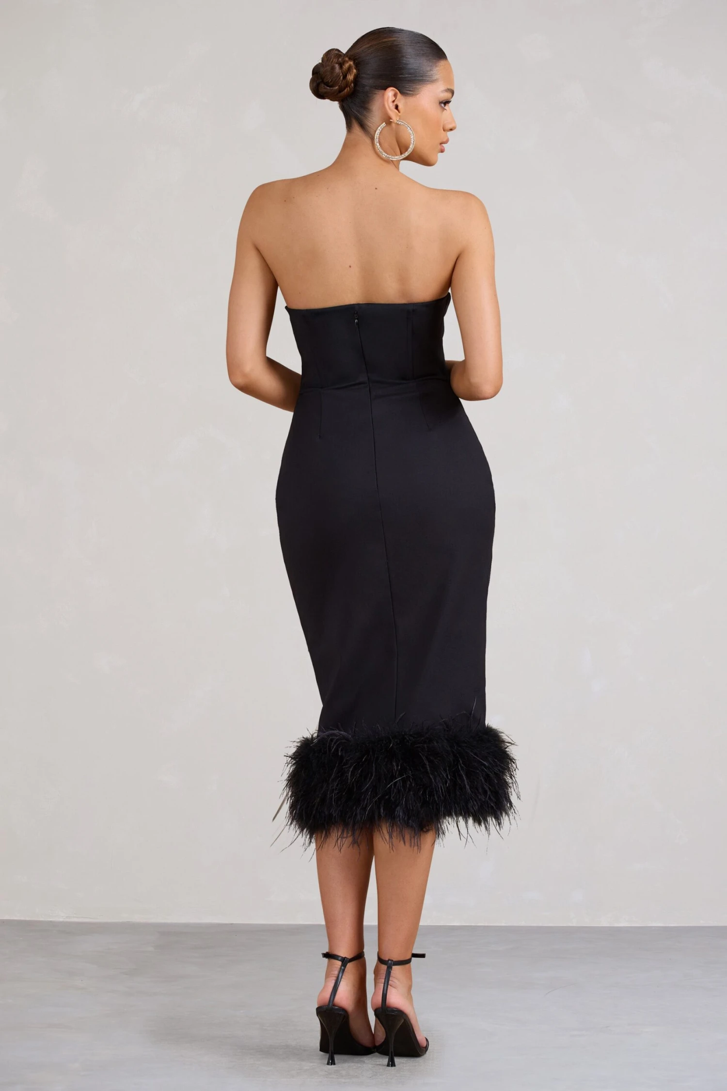 Kensington | Black Bodycon Midi Dress With Statement Feather Trim - Image 2