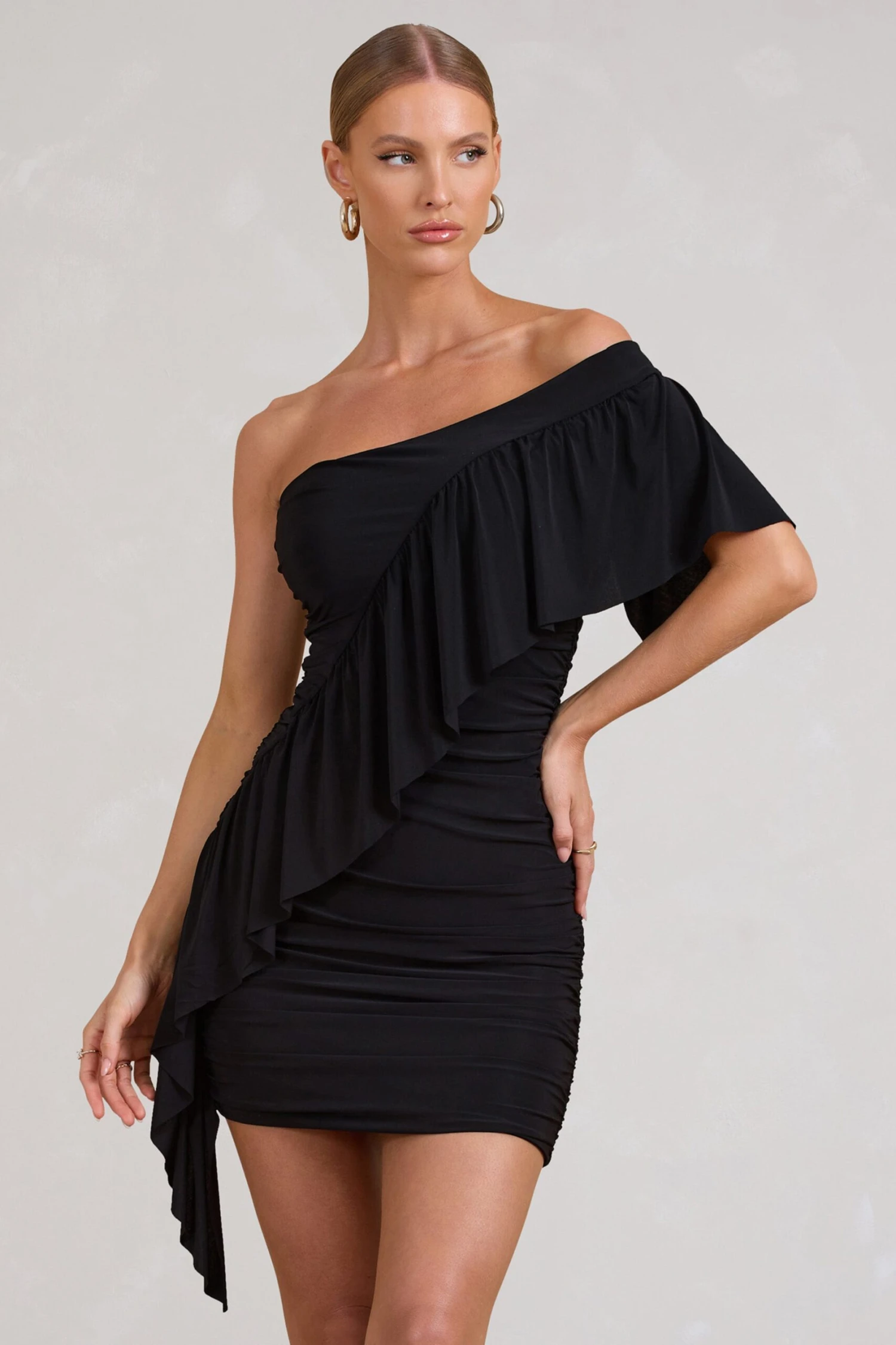 Parfait | Black Asymmetric Ruched Mini Dress With Statement Ruffles - Image 5