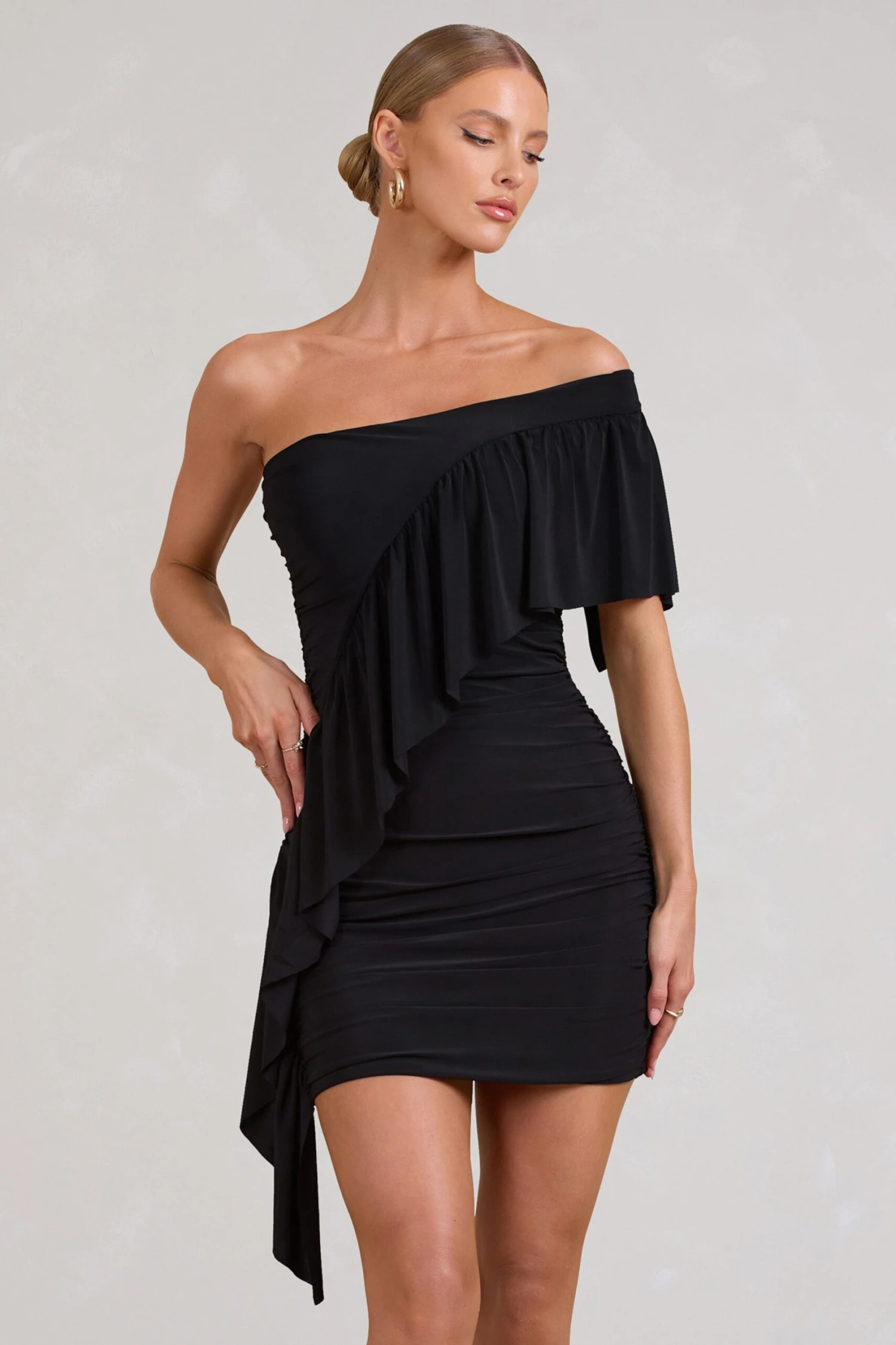 Parfait | Black Asymmetric Ruched Mini Dress With Statement Ruffles - Image 4
