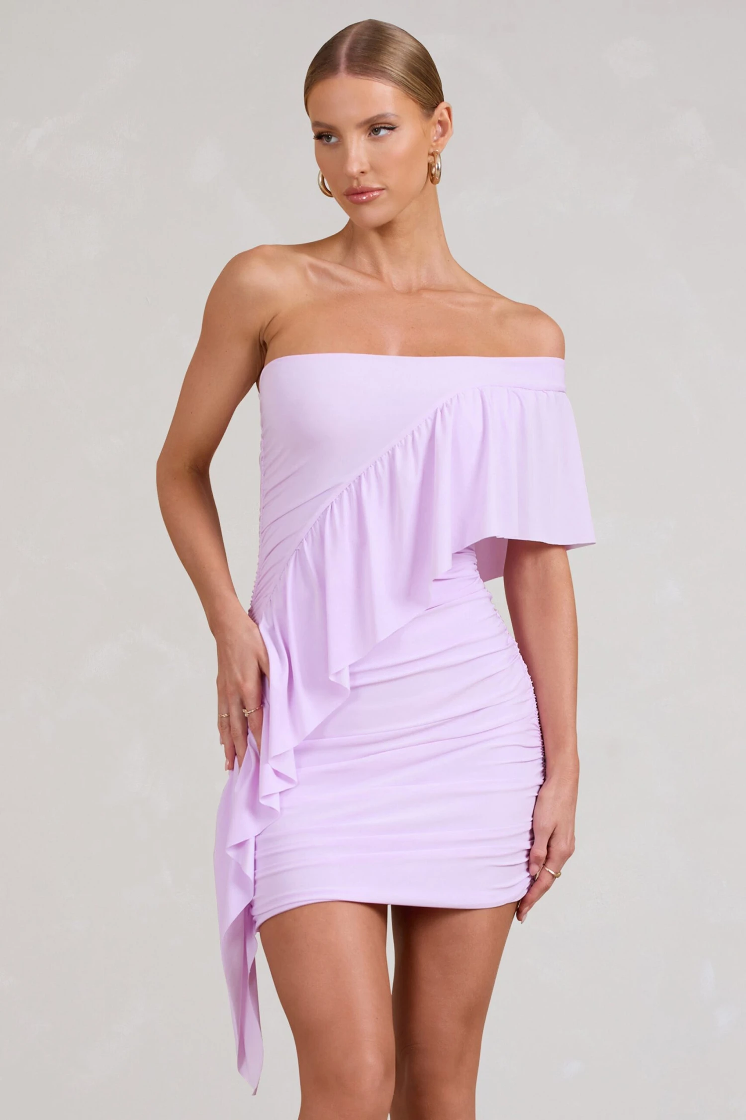 Parfait | Lilac Asymmetric Ruched Mini Dress With Statement Ruffles - Image 4