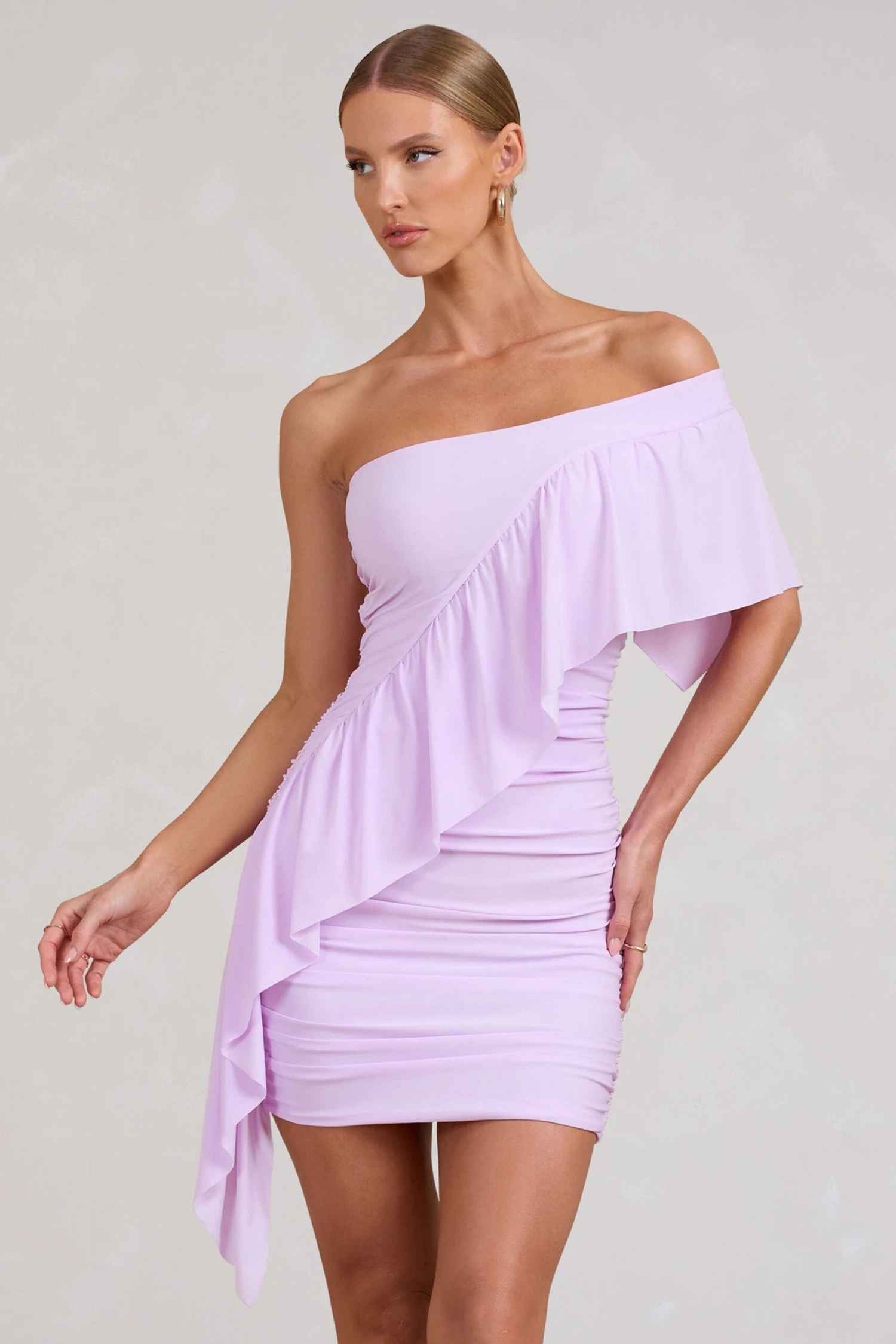 Parfait | Lilac Asymmetric Ruched Mini Dress With Statement Ruffles - Image 5