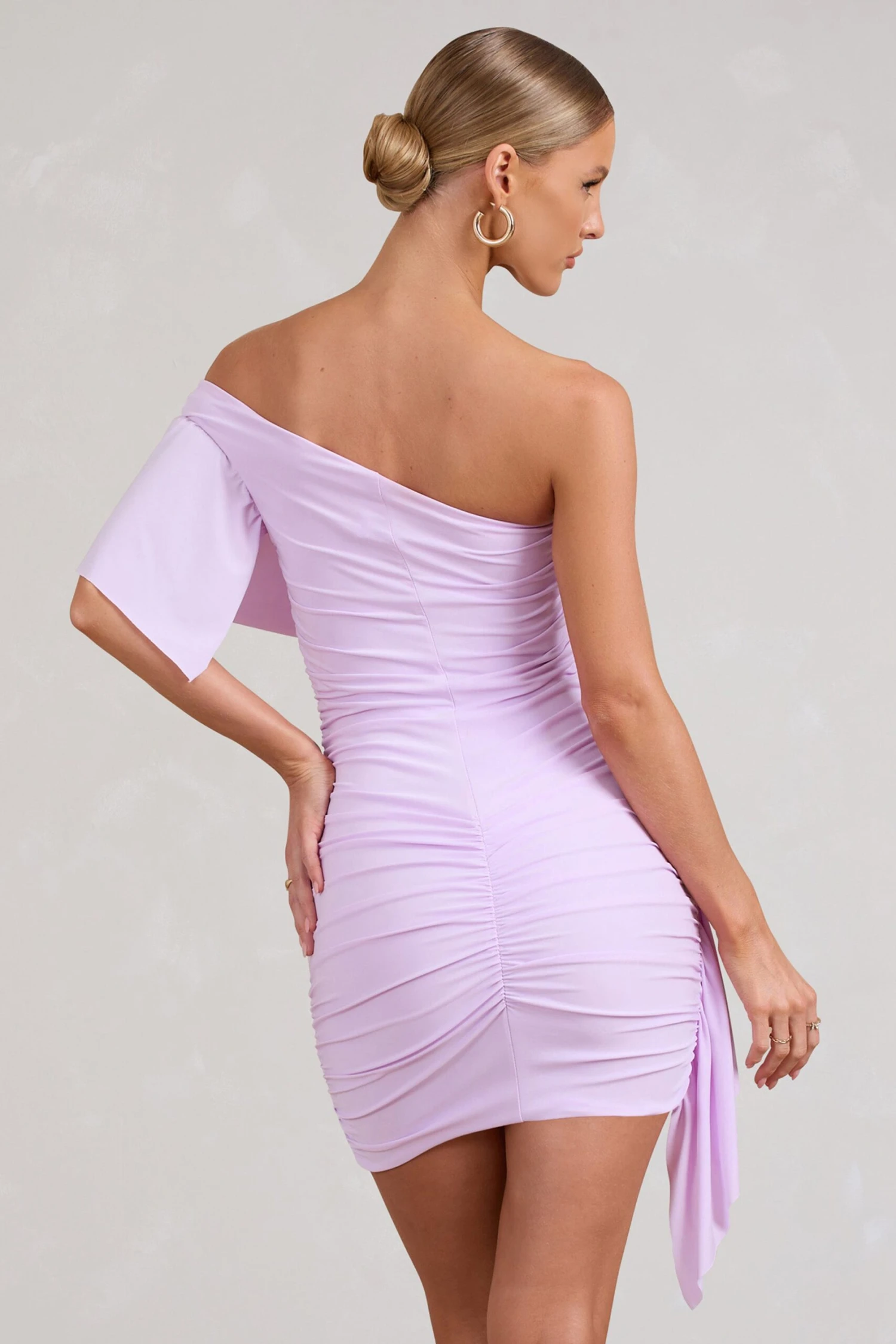 Parfait | Lilac Asymmetric Ruched Mini Dress With Statement Ruffles - Image 2