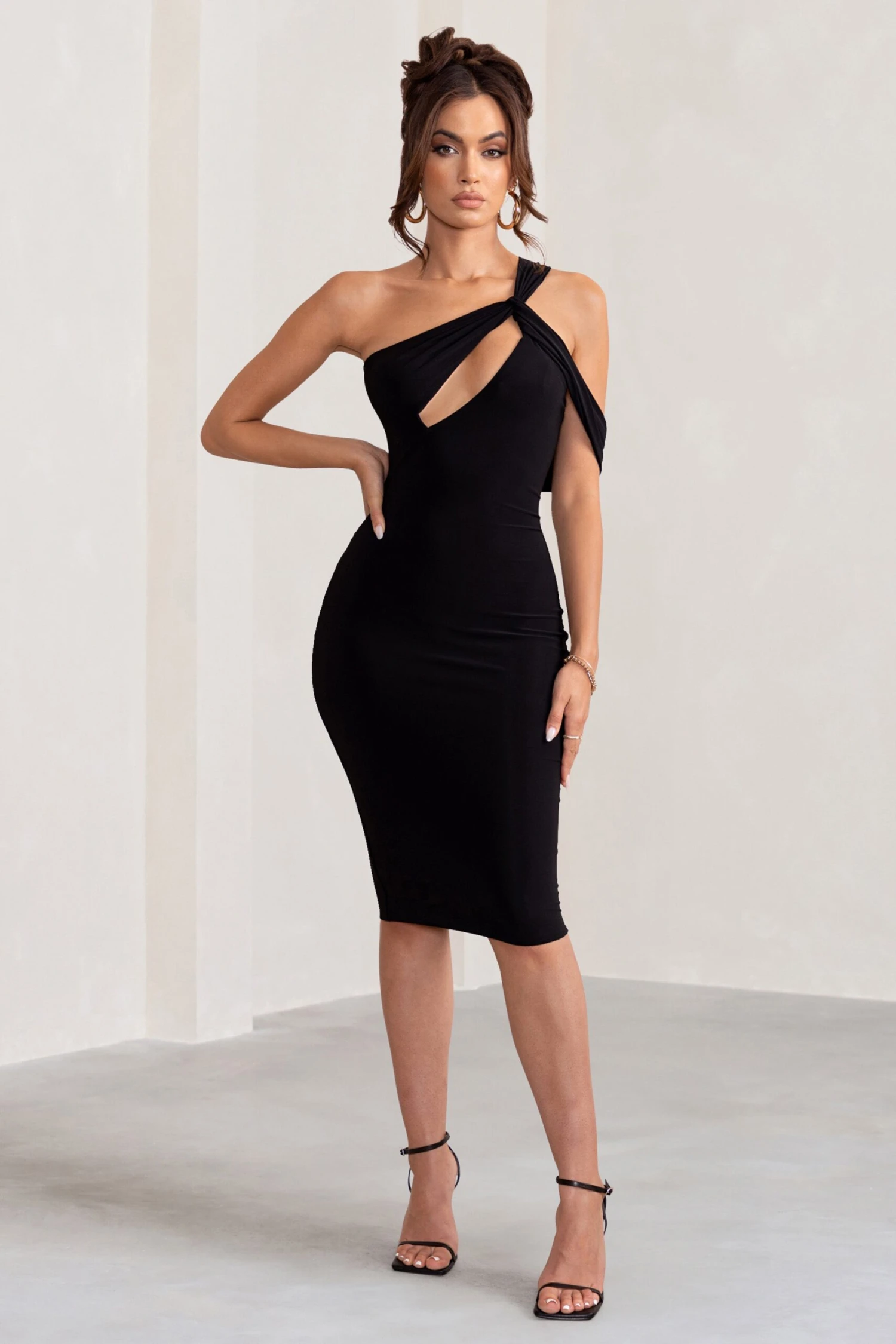 Ella | Black Asymmetric Neck Cut Out Midi Dress - Image 3
