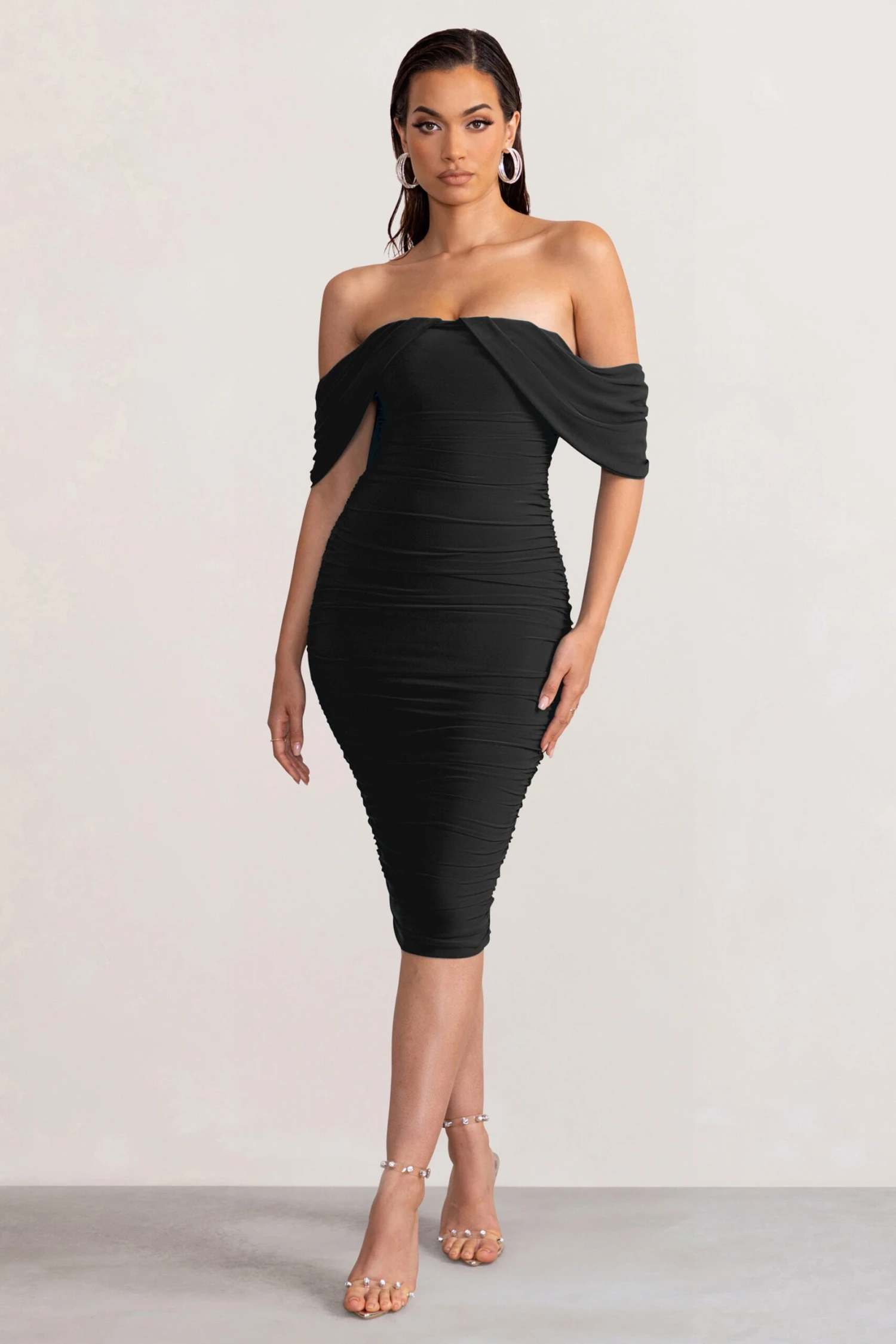 Love Me | Black Off The Shoulders Ruched Midi Dress - Image 4