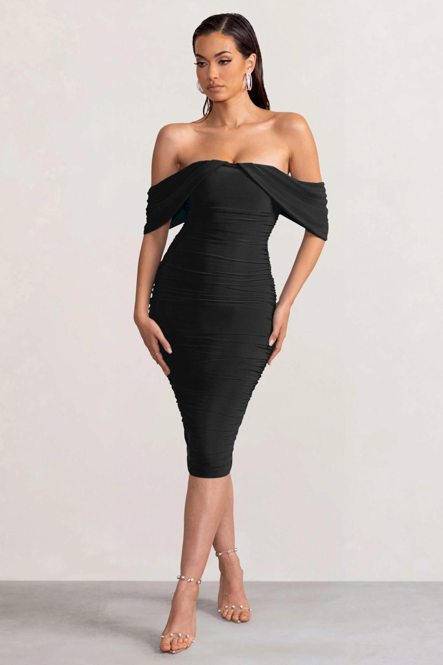 Love Me | Black Off The Shoulders Ruched Midi Dress