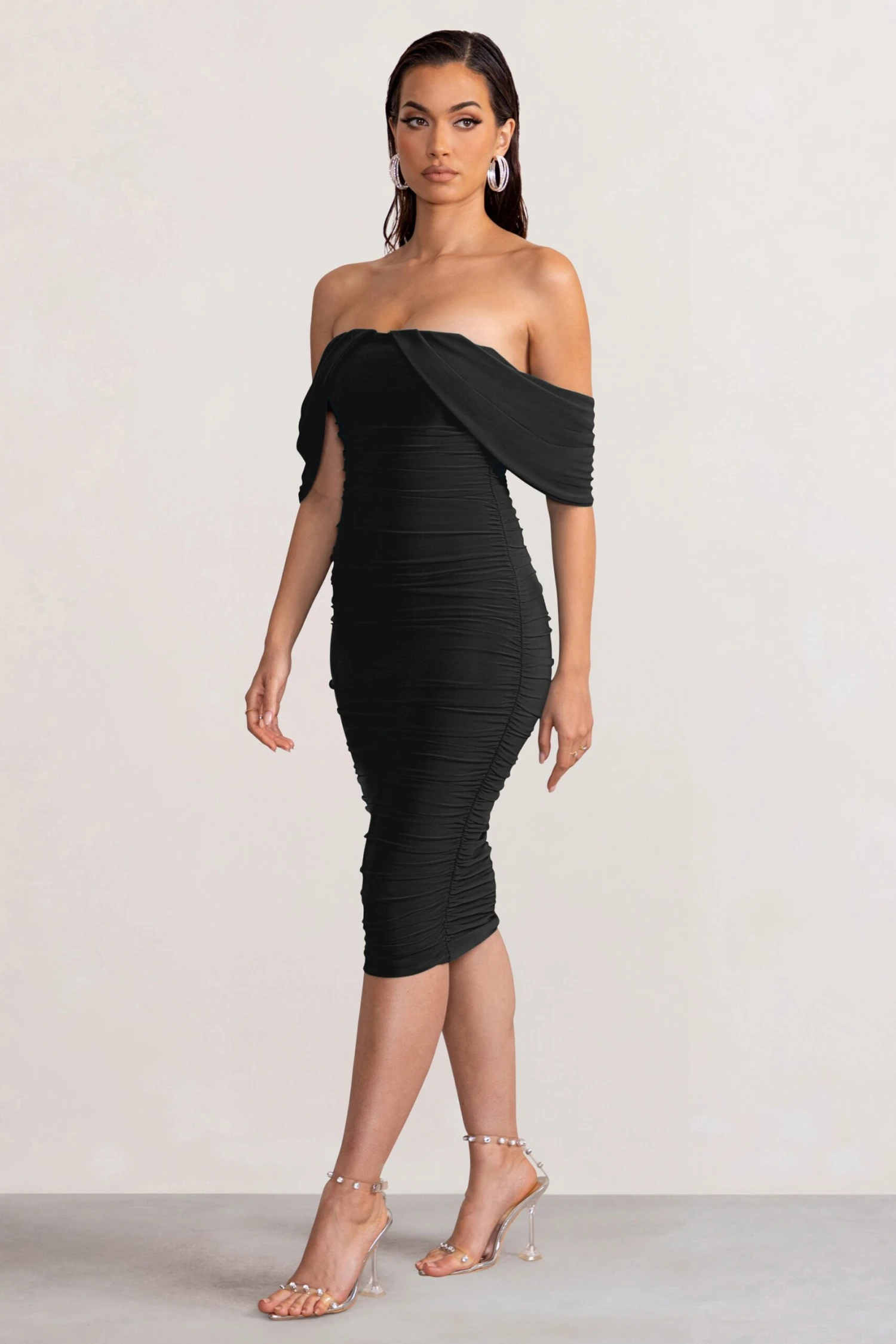 Love Me | Black Off The Shoulders Ruched Midi Dress - Image 5