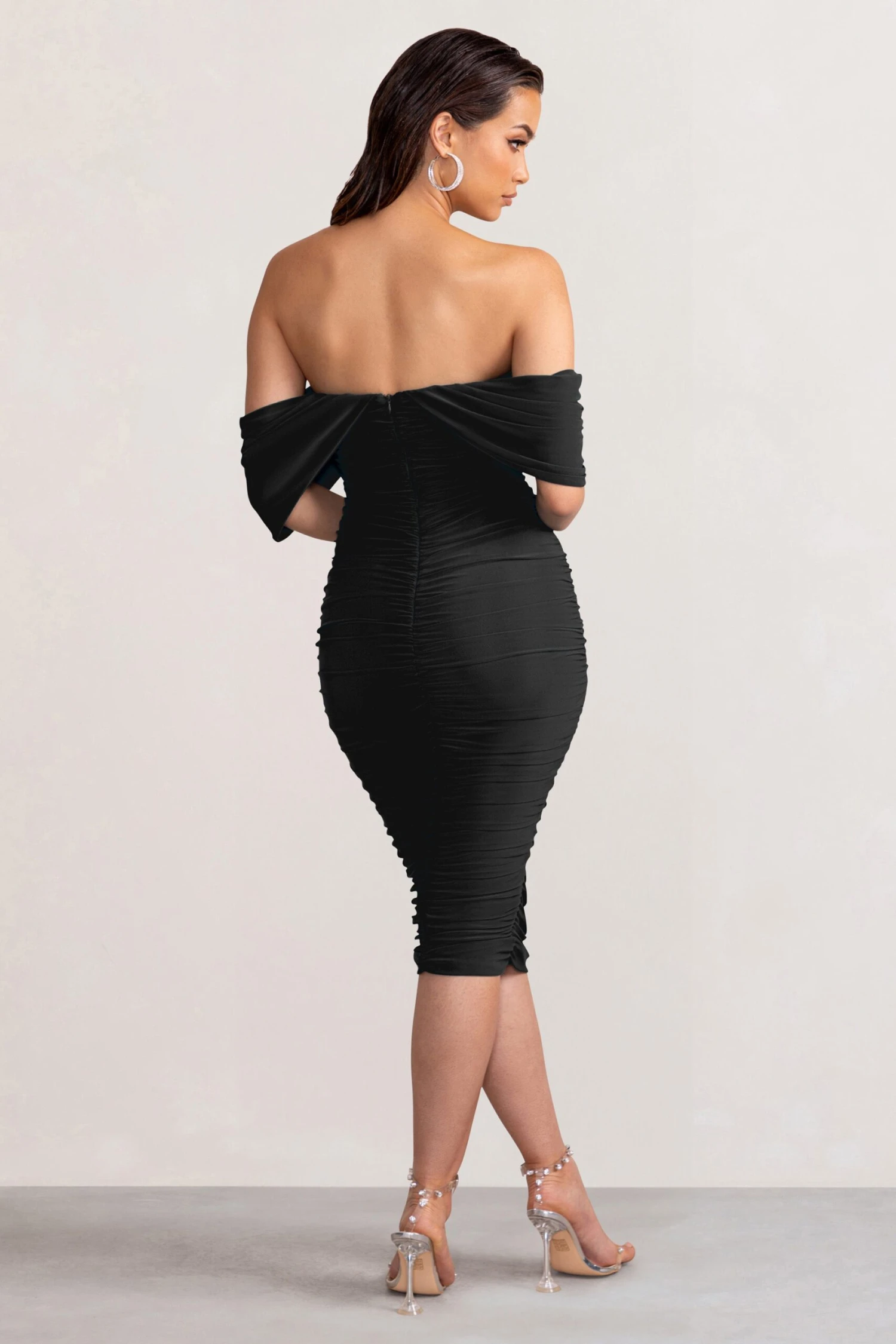 Love Me | Black Off The Shoulders Ruched Midi Dress - Image 2
