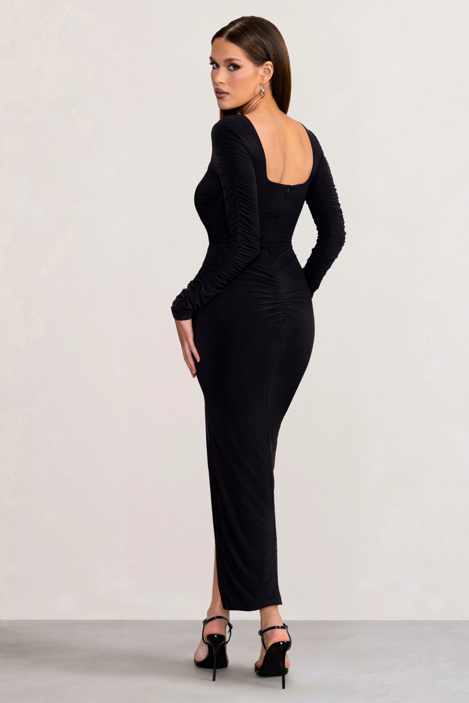 Leni | Black Square Neck Long Sleeve Midi Dress With Tie Detail And Split Hem - Image 2
