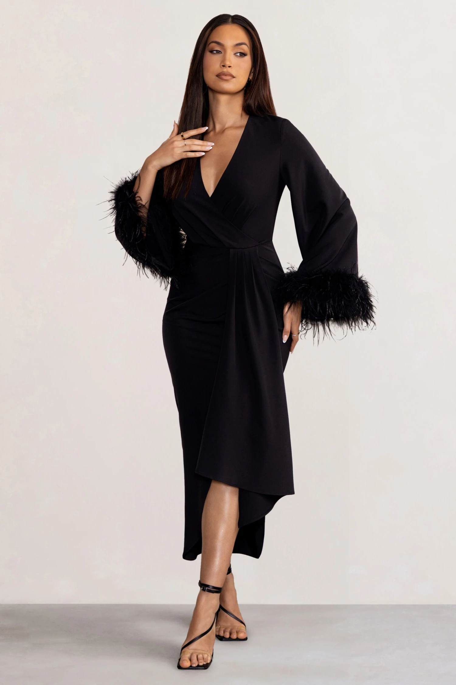 Jenna | Black Plunge Midi Dress With Feather Trim Wide Sleeves And Front Tie Drape - Image 5