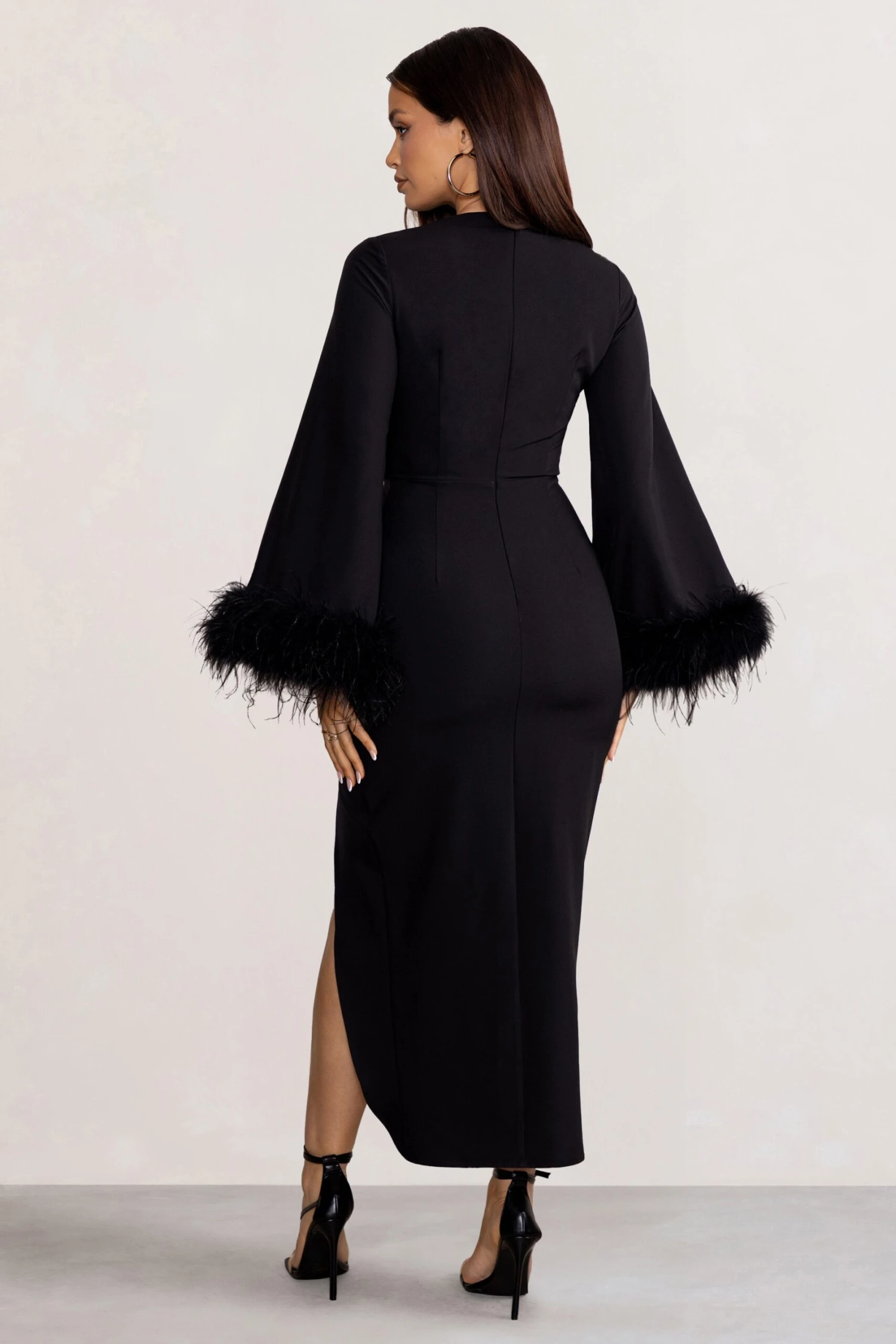 Jenna | Black Plunge Midi Dress With Feather Trim Wide Sleeves And Front Tie Drape - Image 2
