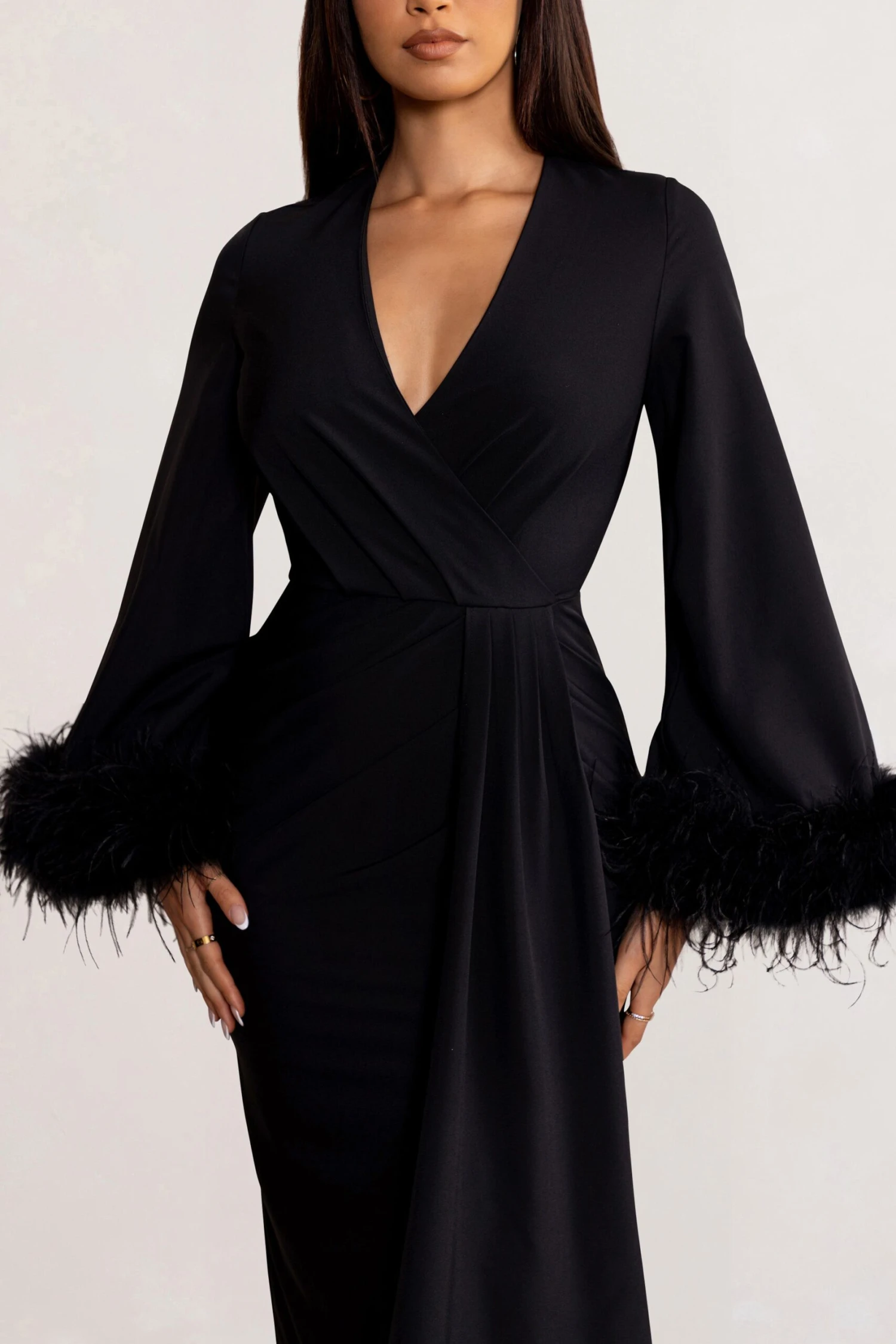 Jenna | Black Plunge Midi Dress With Feather Trim Wide Sleeves And Front Tie Drape - Image 3