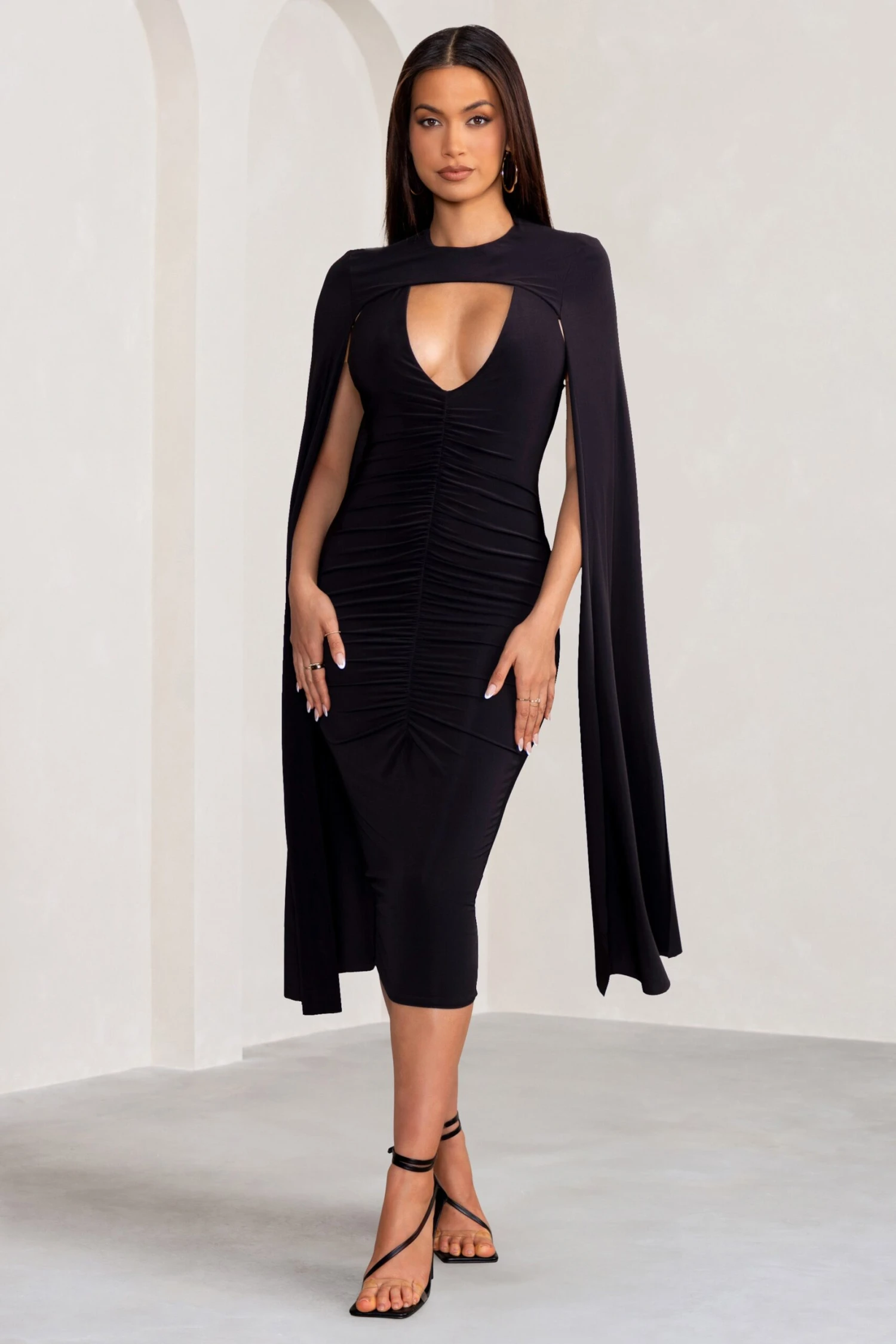 Myla | Black V-Neck Ruched Midi Dress With Cape Overlay