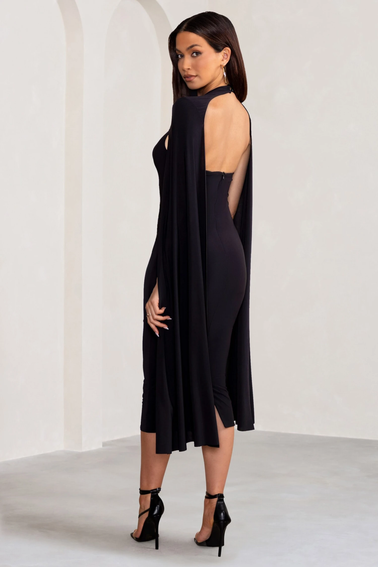Myla | Black V-Neck Ruched Midi Dress With Cape Overlay - Image 2