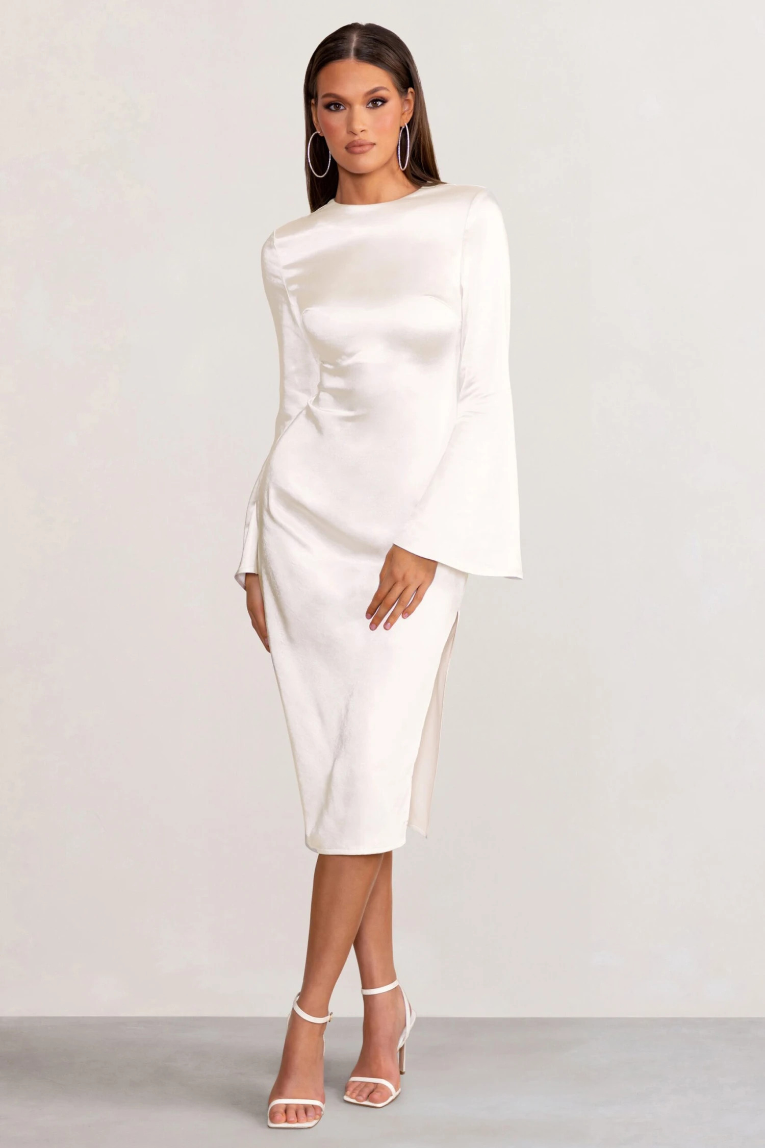Zaina | White Long Sleeve Midi Dress With High Neckline