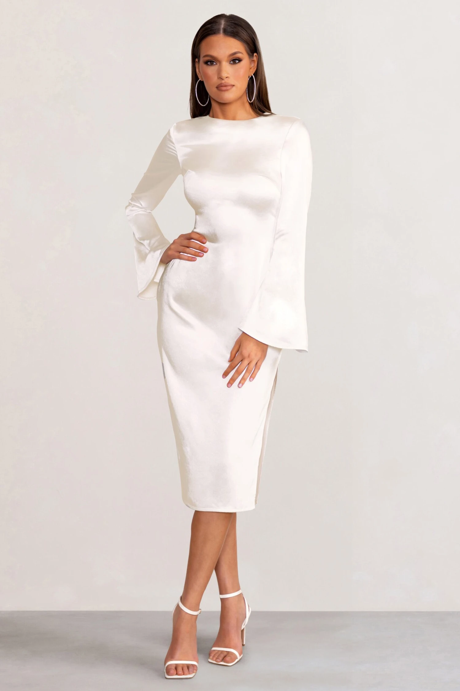 Zaina | White Long Sleeve Midi Dress With High Neckline - Image 4