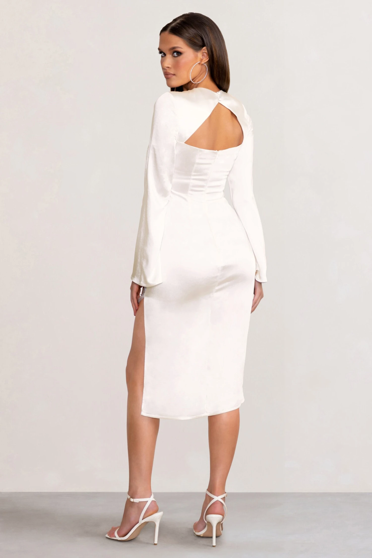 Zaina | White Long Sleeve Midi Dress With High Neckline - Image 2
